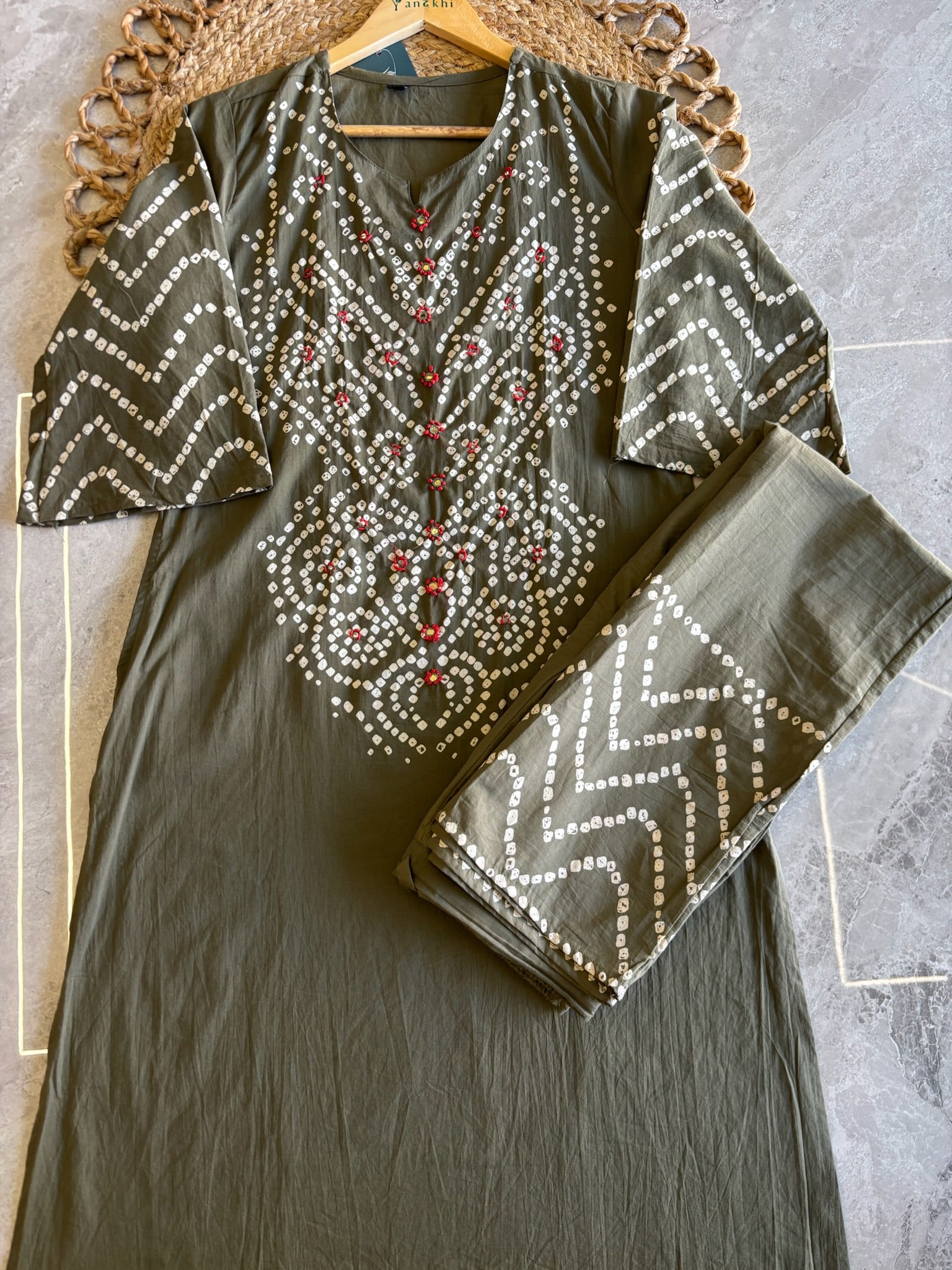 A3941- Pure Cotton Bandhani Suit With Knot-Detailed Yoke, Pants & Printed Dupatta.