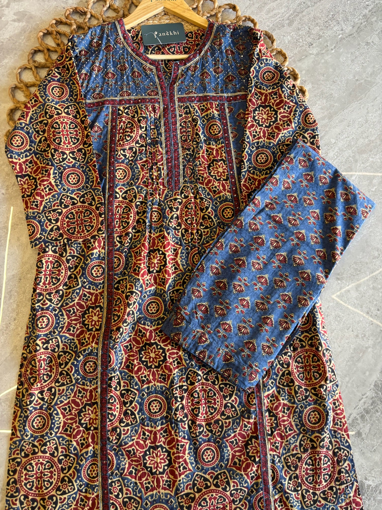 A3902 - Pure Cotton Ajrakh Print Suit with Contrast Bottoms and a Coordinated Dupatta.