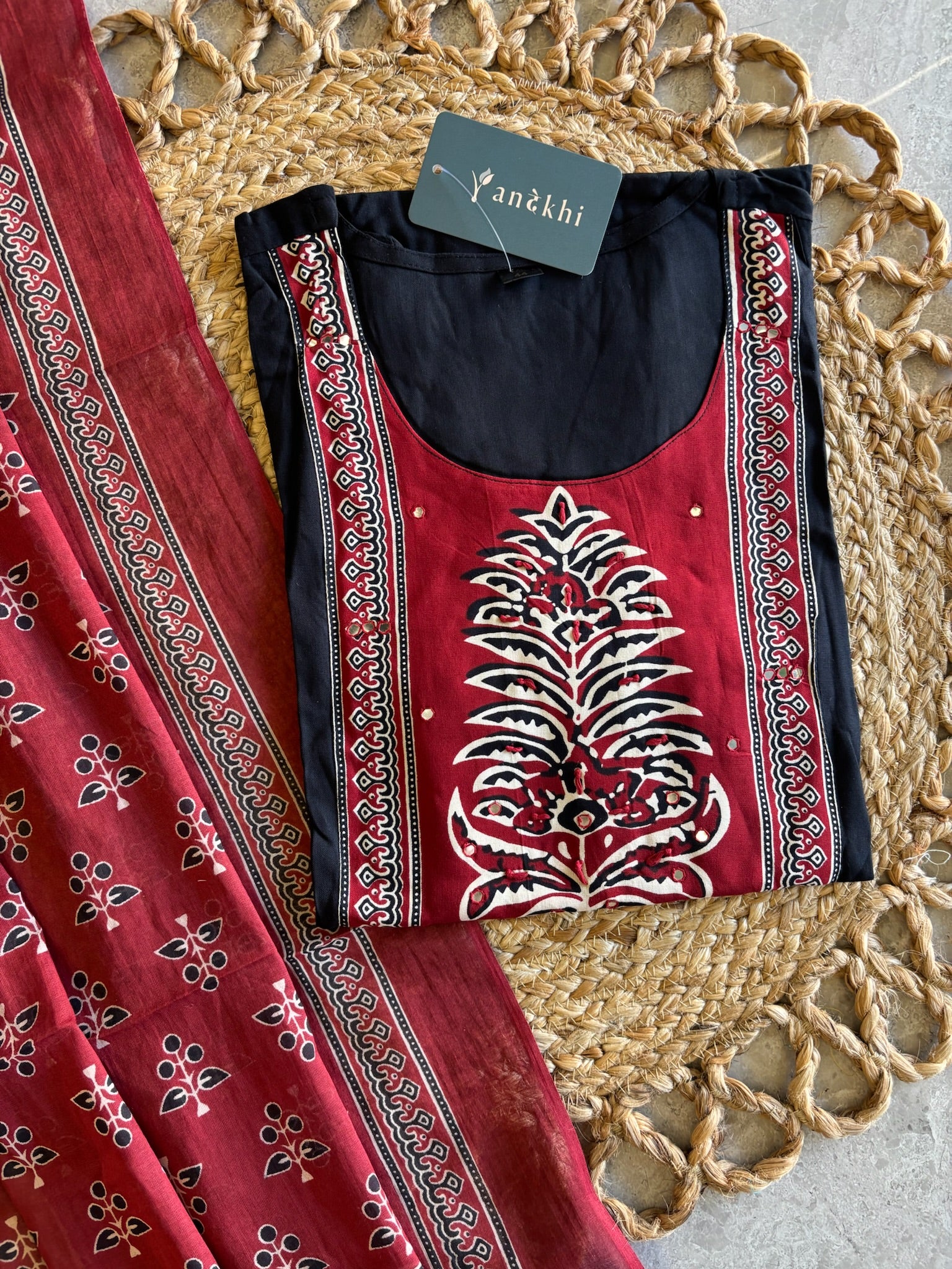 A4011 - Rayon Suit with Contrast Patch Yoke and Printed Dupatta.