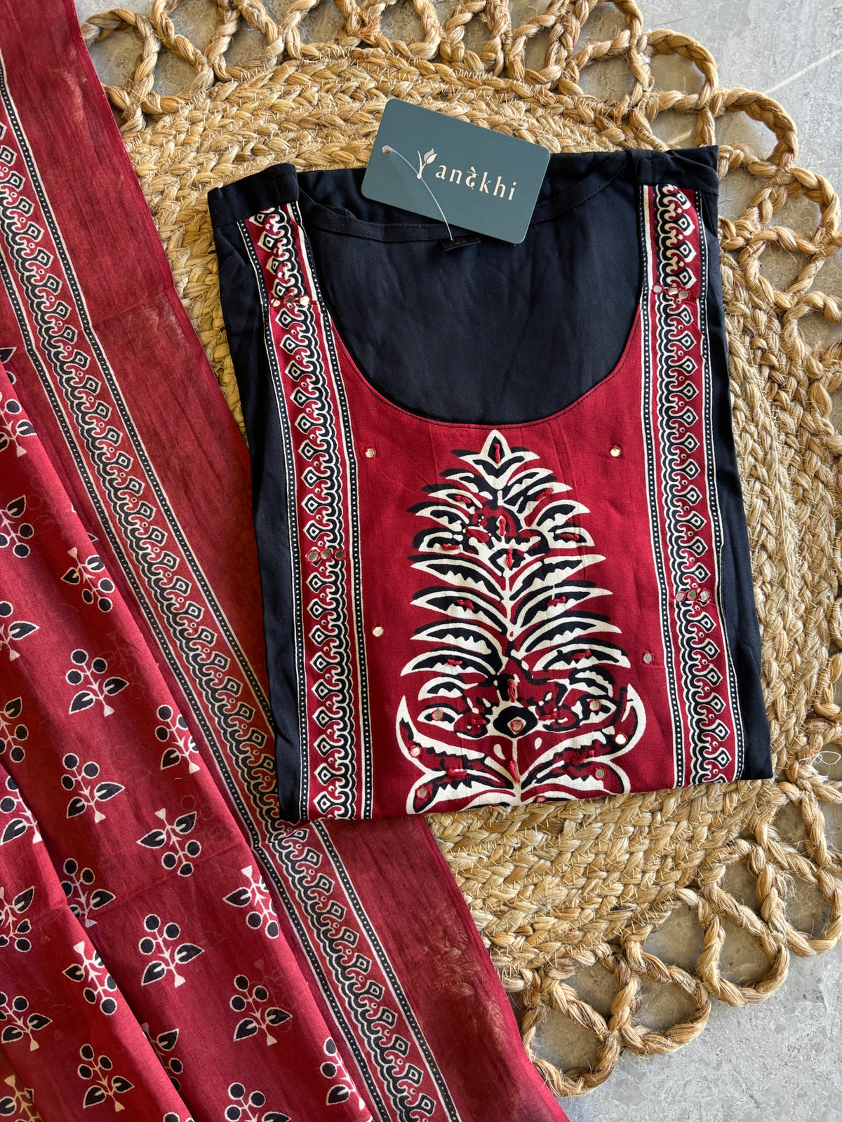 A4011 - Rayon Suit with Contrast Patch Yoke and Printed Dupatta.