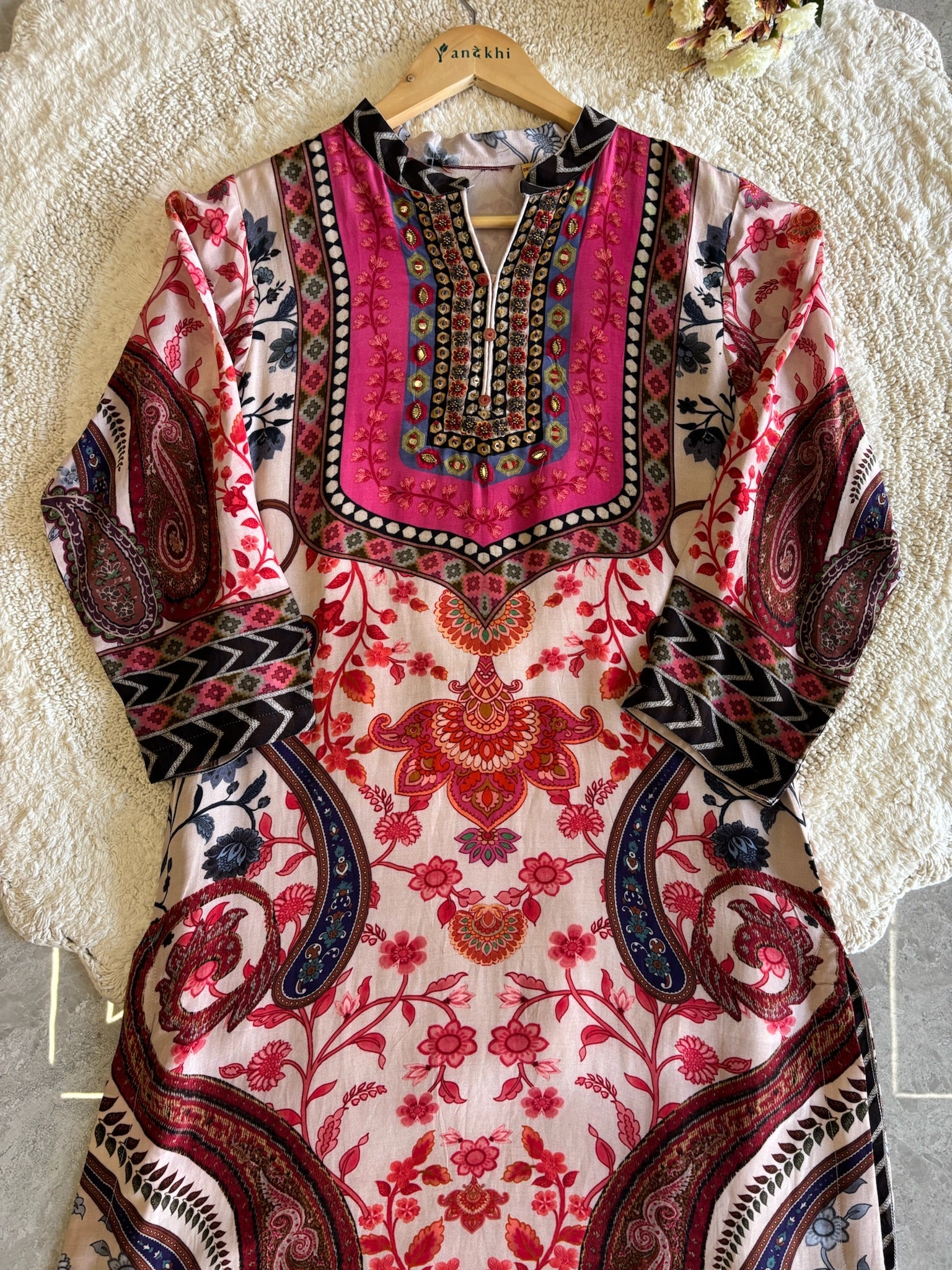 A2686- Pure Italian Silk Suit featuring Vibrant Floral & Paisley Prints with elegant Neckline Detailing, paired with Pants & Dupatta.