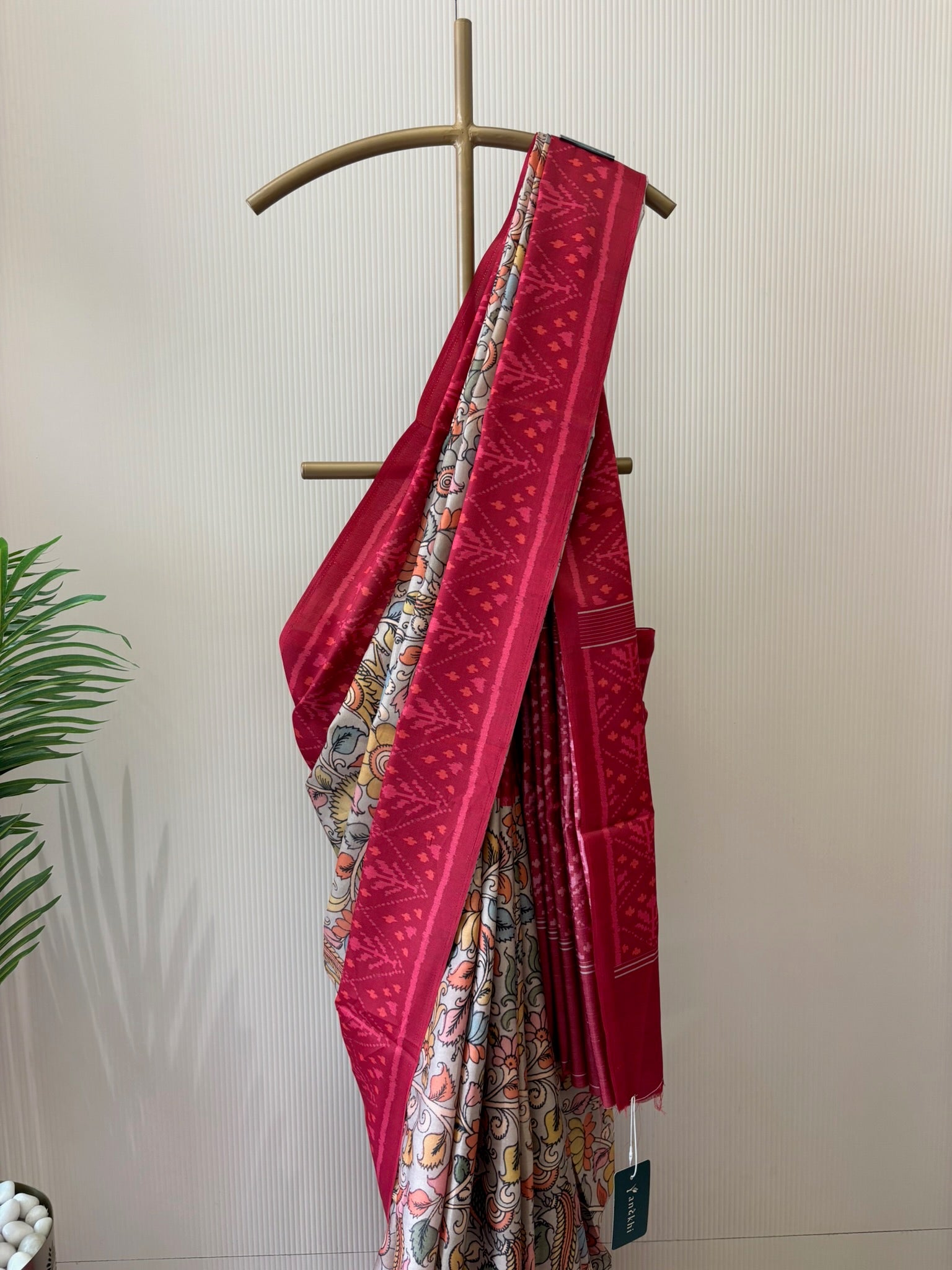 A1397 - Heritage Kalamkari Silk Saree with Contrast Ikat-Style Border