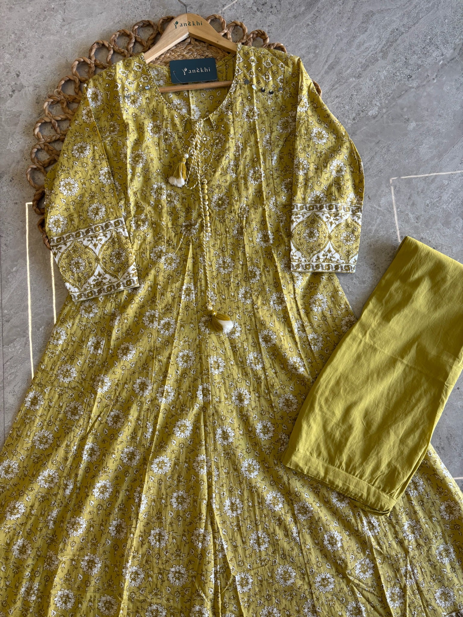 A4016- Pure Cotton Printed Anarkali Suit paired with Pants & Contrast Printed Dupatta.