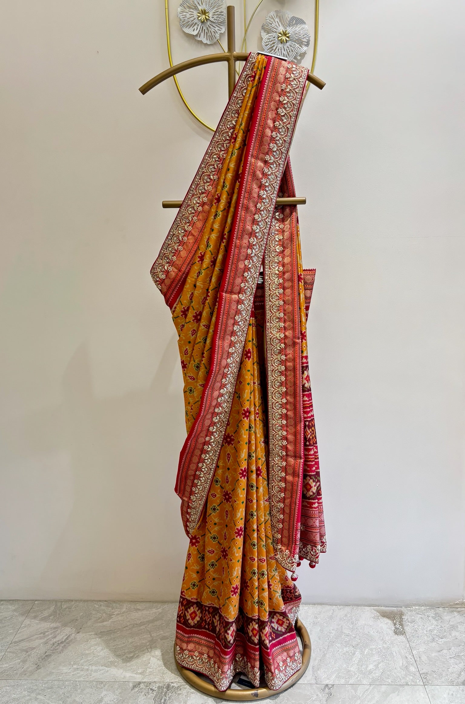 A4072- Patola Print Saree with Gota Handwork Border in Silk Fabric.