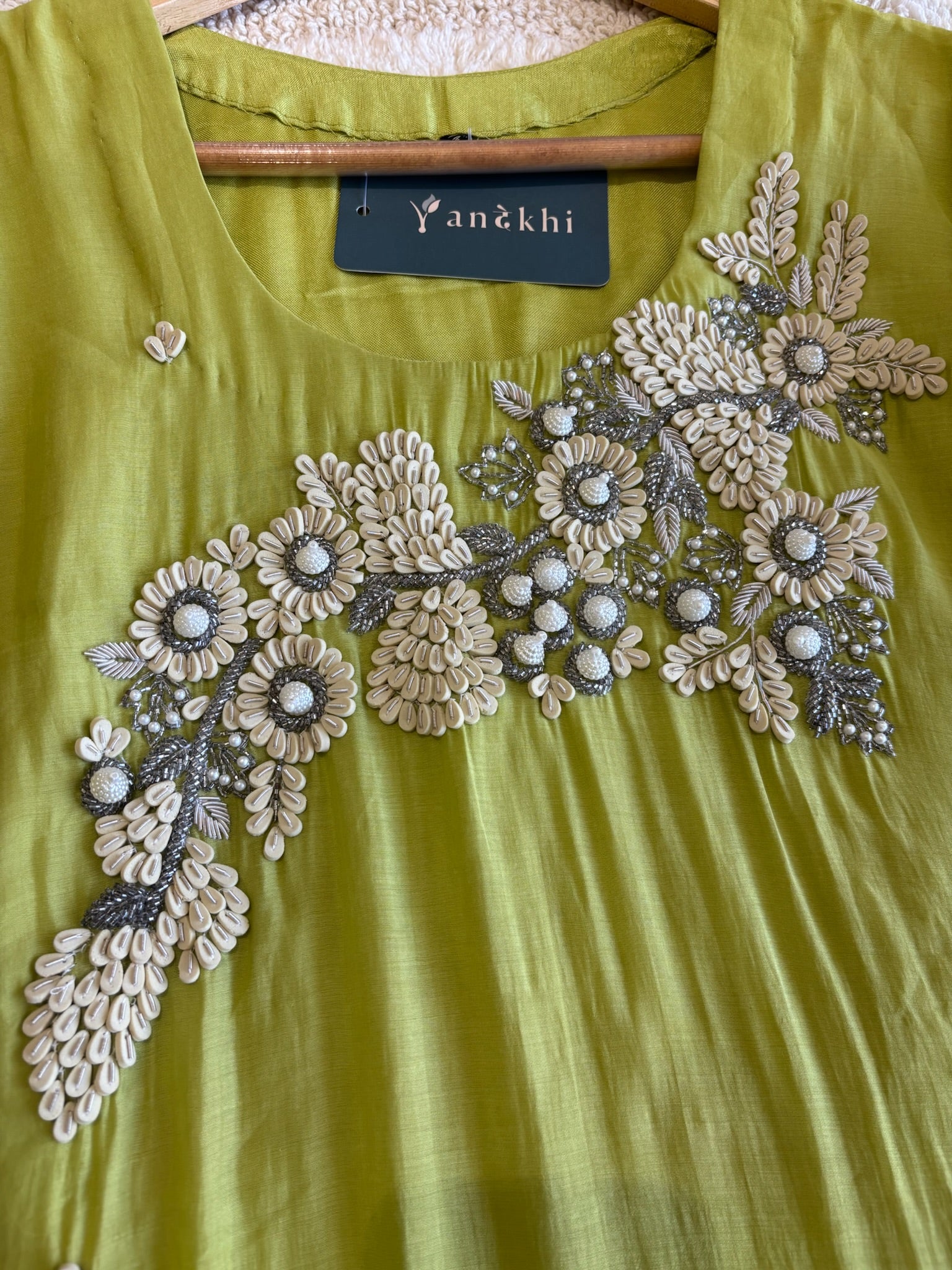 A1664 -Pure Mul Chanderi A-Line Suit featuring 3D Floral Handwork on the Neckline, paired with Pants & Organza Dupatta.