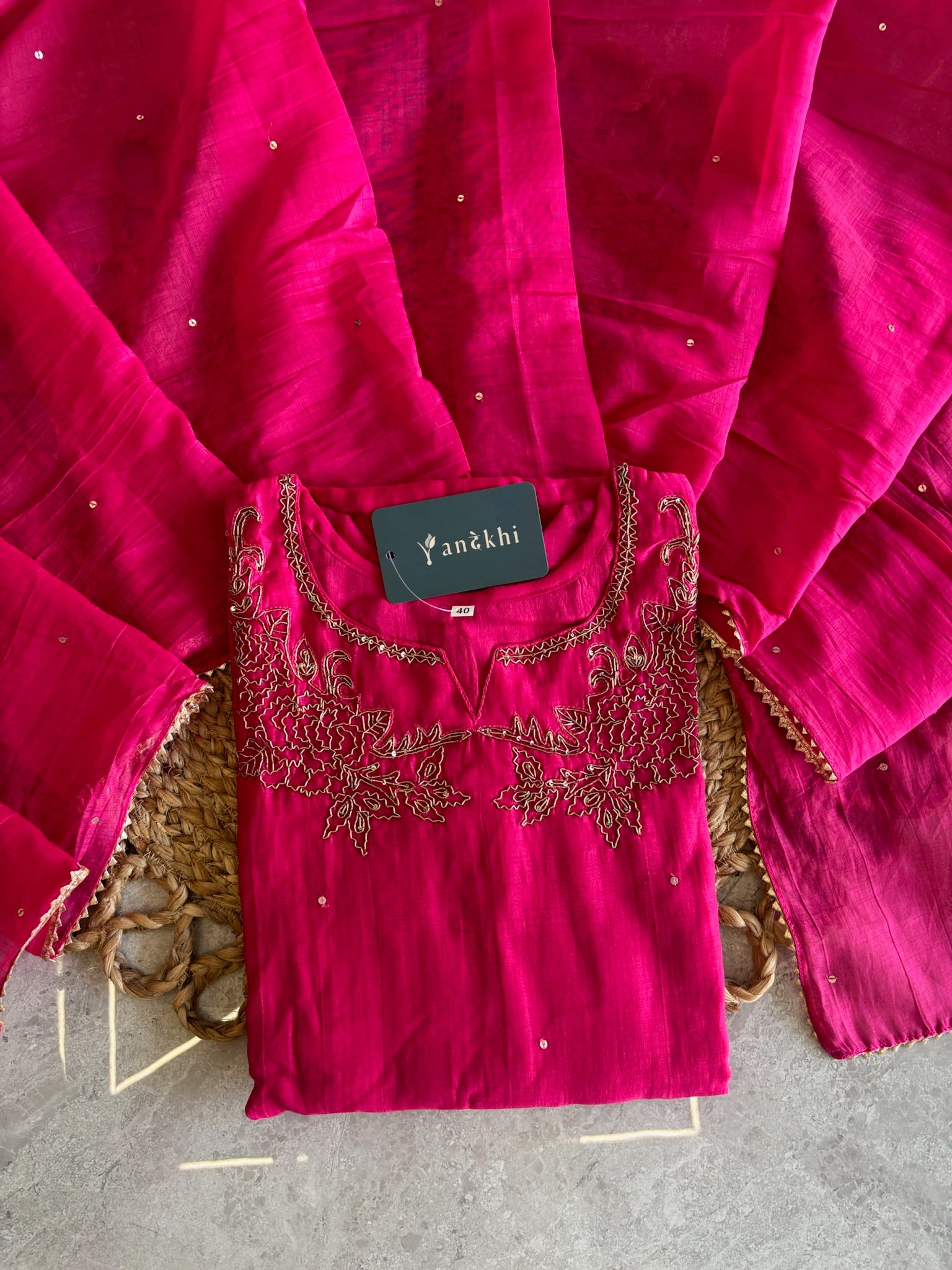 A4147- Mul Chanderi suit with Hand-Embroidered Zardozi detailing, paired with matching Pants & Dupatta.