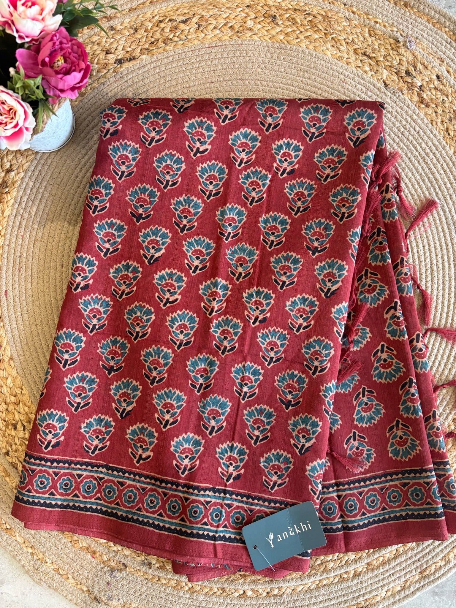 A1663 - Crimson Red Art Silk Saree with Traditional Ajrakh Print