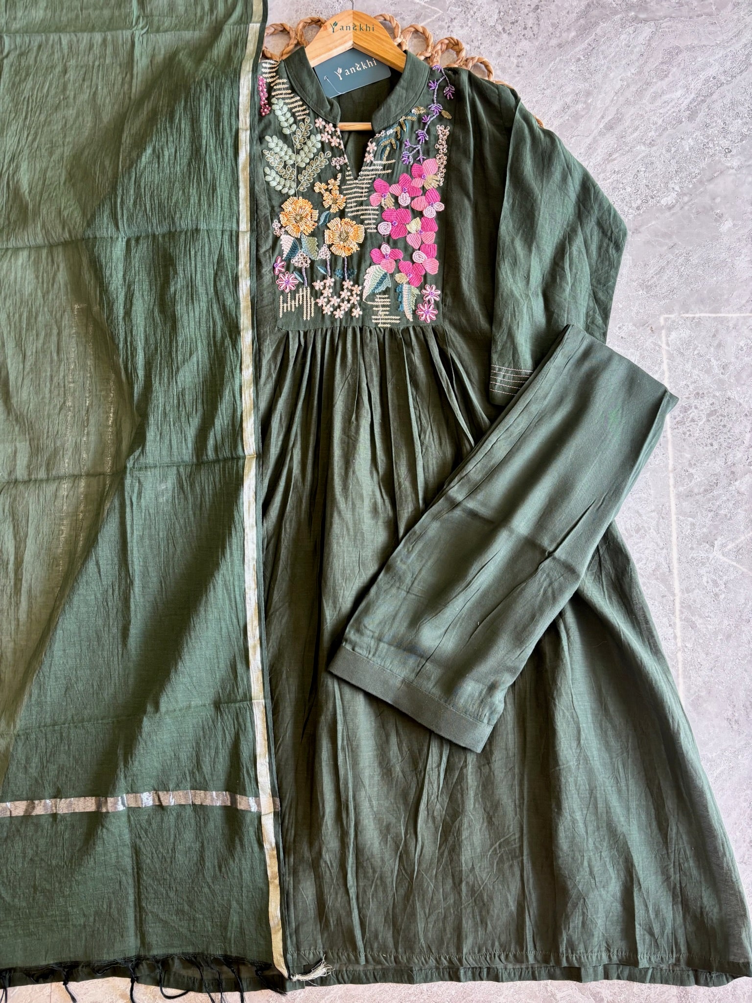 A4148- Mul Chanderi Kurti featuring Intricate Multi-Colour Handwork, with Pants & Dupatta.