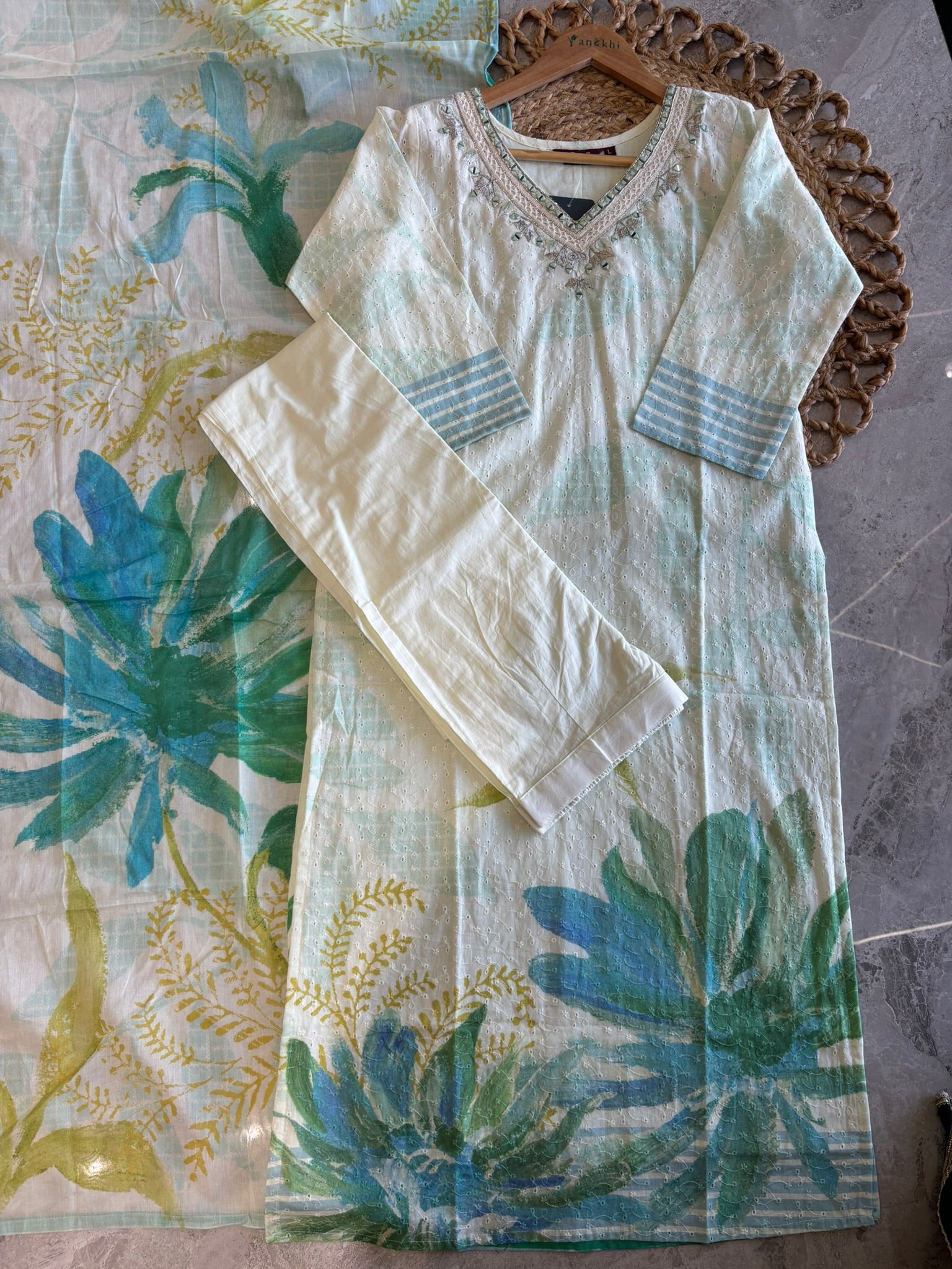 A2715 - Aqua Blossom Embroidered Cotton Kurti, Pants & Mul Dupatta.
