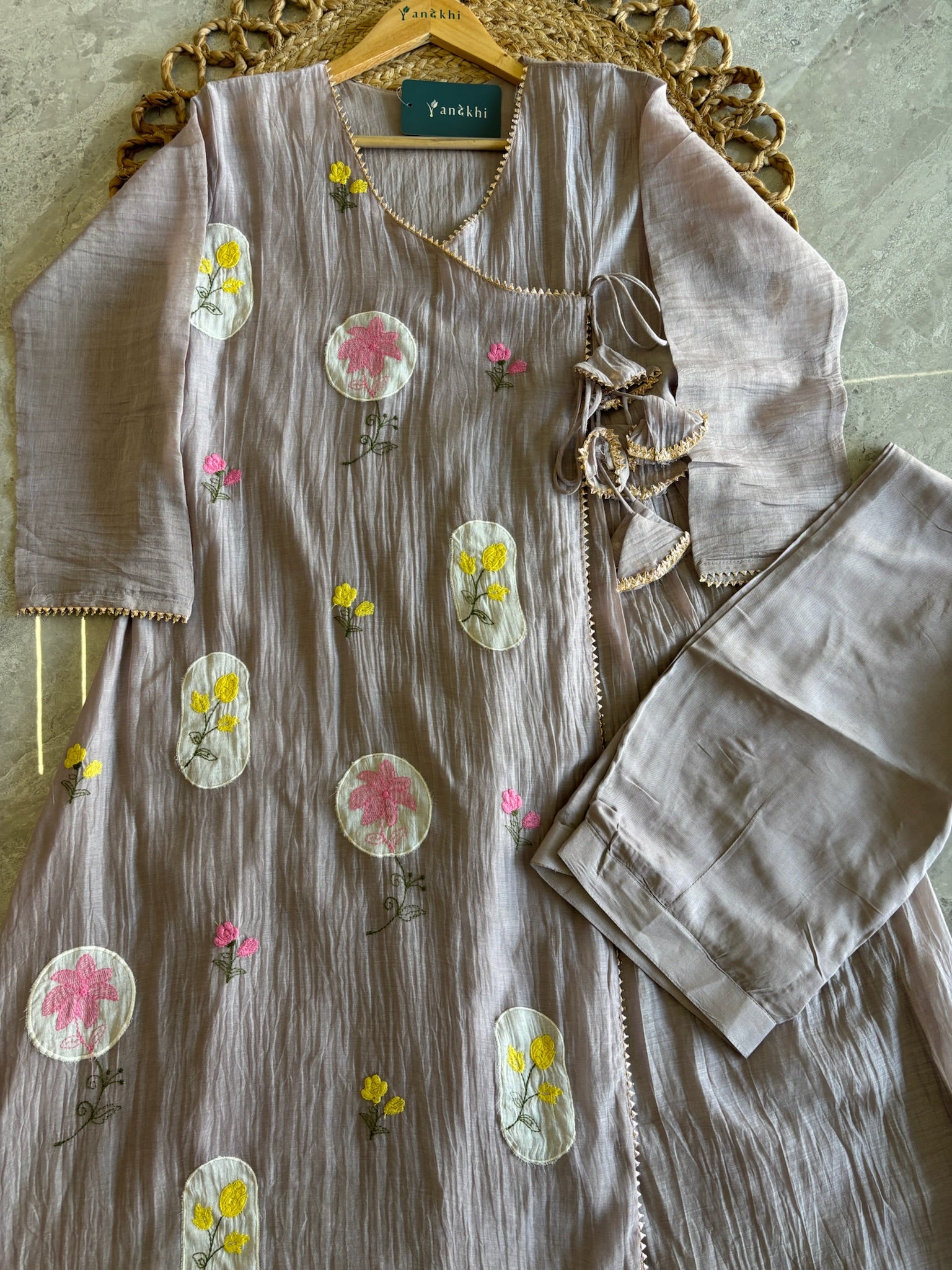 A3964 - Mul Chanderi Angrakha Suit set with delicate Embroidery, Paired with Pants and Dupatta.