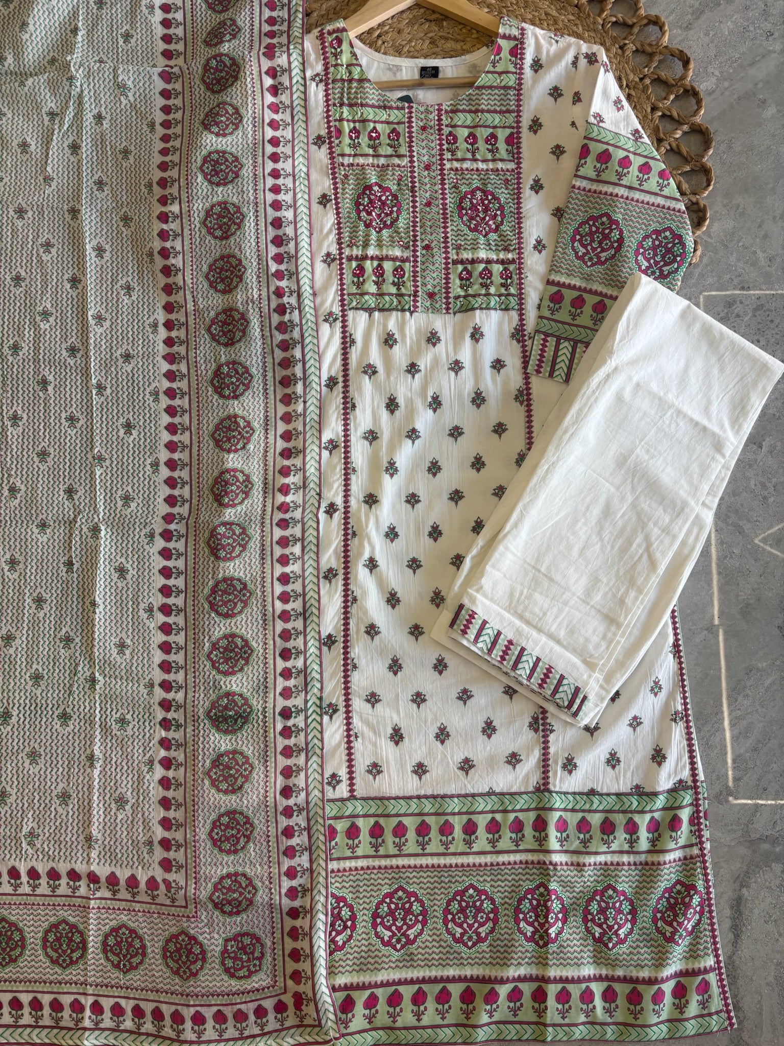 A3896 - Pure Cotton Suit Set with Floral Block Print & Mul Mul Dupatta