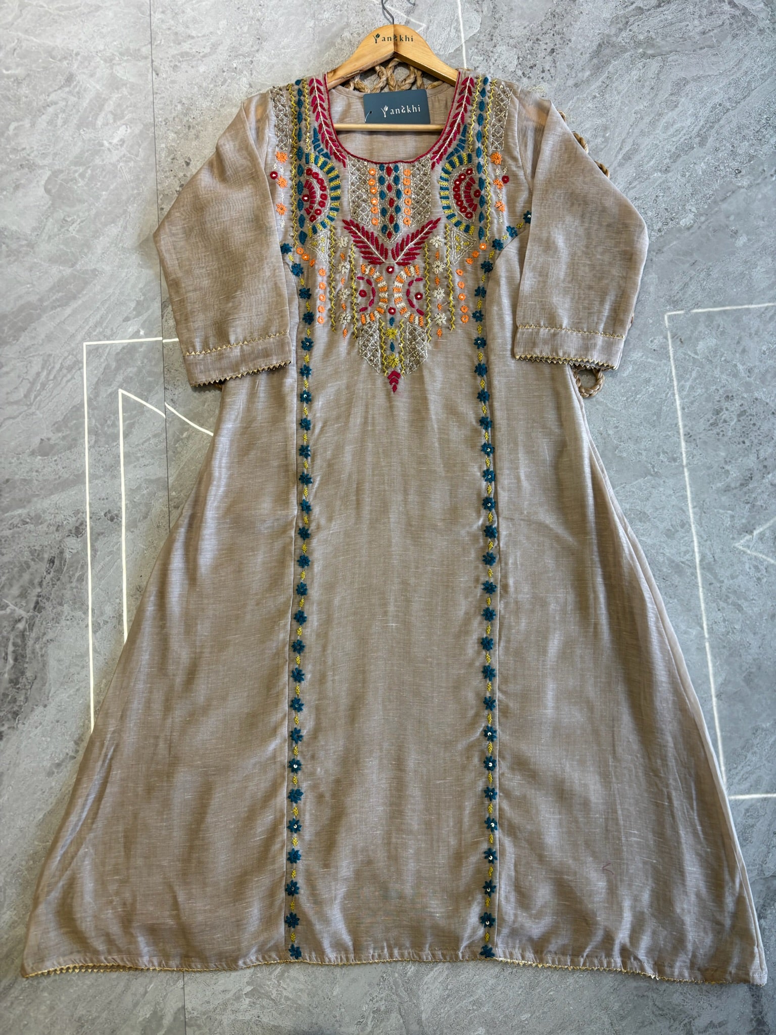 A4163- Linen suit with multicolour embroidery, detailed dupatta featuring all-over thread work.