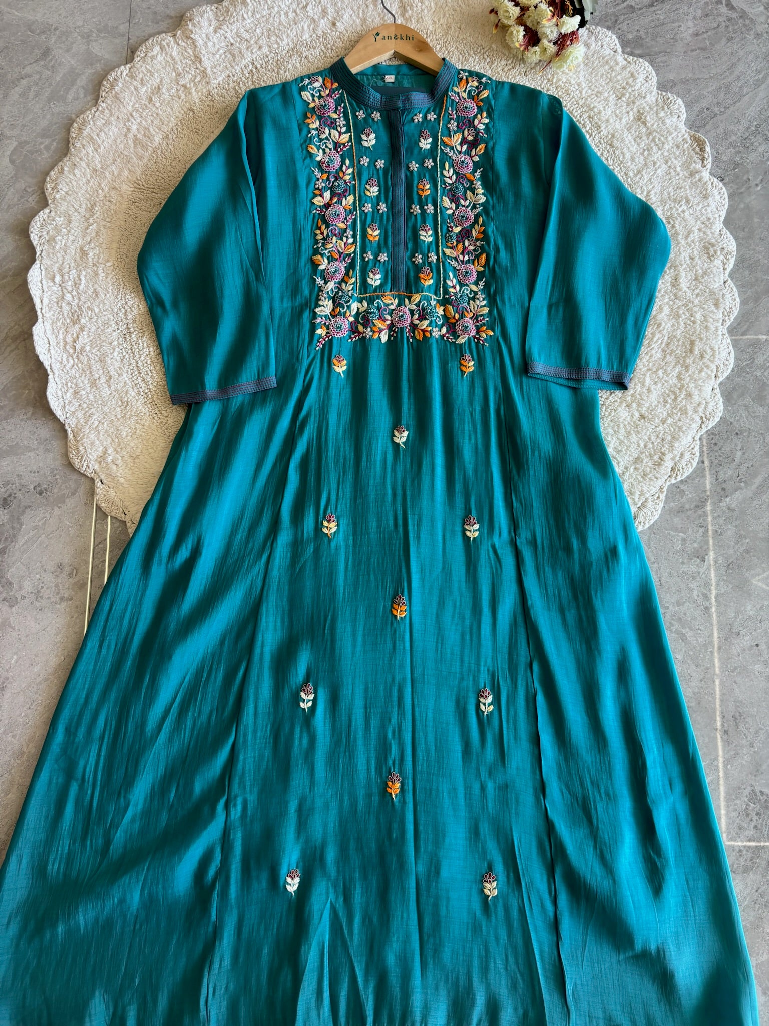 A1644- Chanderi Silk A-Line Suit with Handwork on the Yoke & delicate motifs all over, paired with Pants and Embroidered Dupatta.