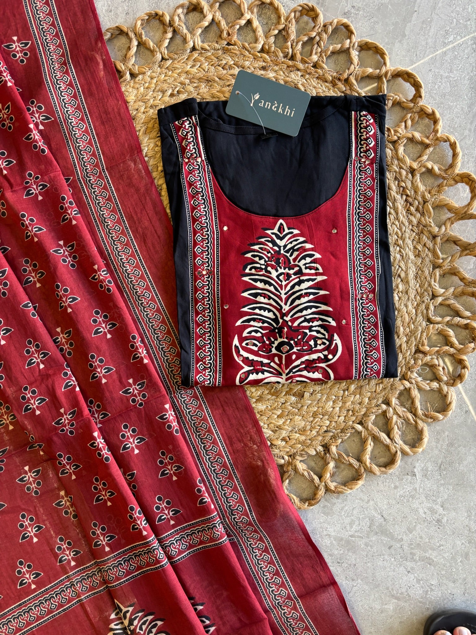 A4011 - Rayon Suit with Contrast Patch Yoke and Printed Dupatta.