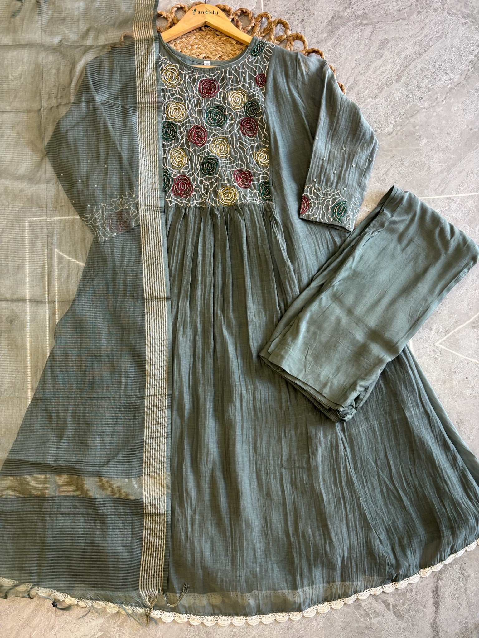 A4142- Pure Mul Chanderi Flared Suit with Handwork, paired with Straight Pants & Dupatta.
