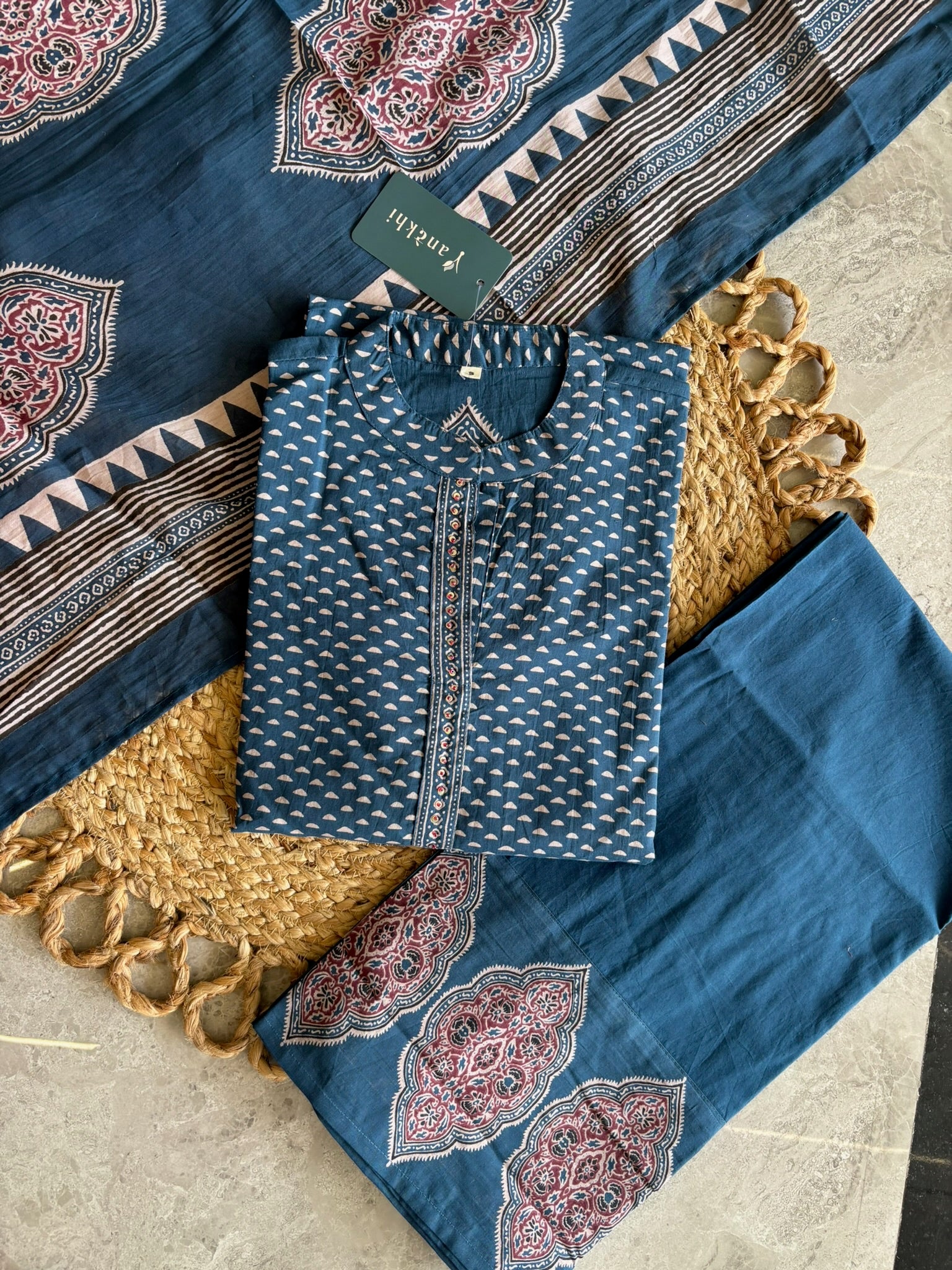 A2852 - Indigo Kurta Pant Set with Hand Block Print & Statement Borders.