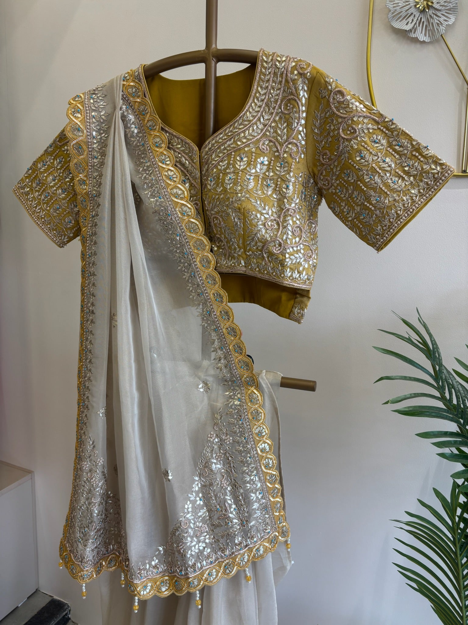 A1519 - Ivory Tissue Saree with Contrast Heavy Handwork Gota Blouse