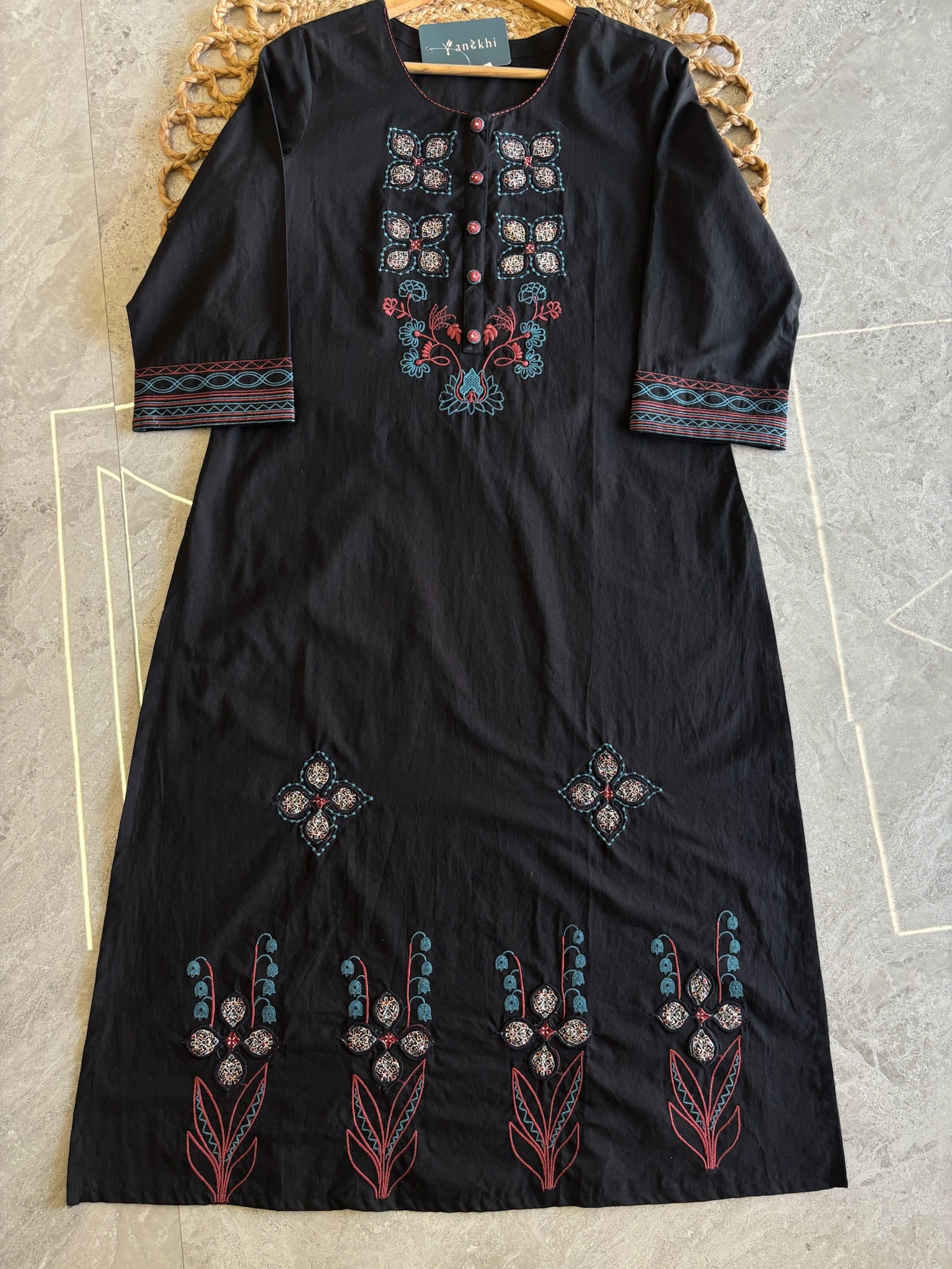 A4035 - Black Embroidered Suit set with a Statement Patchwork Printed Dupatta.