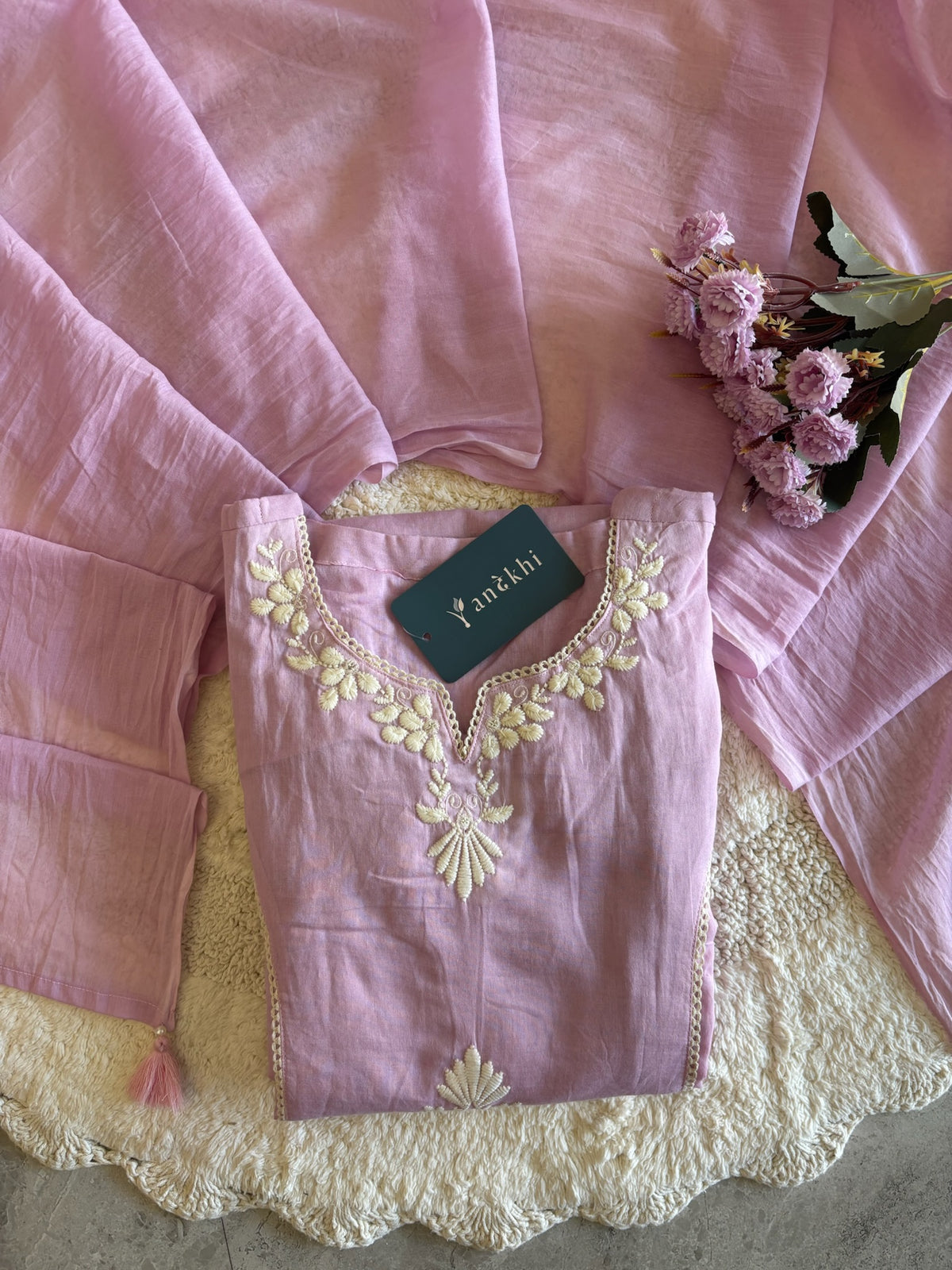 A3936- Mul Cotton Suit with delicate Embroidery & Cochet lace detailing paired with Pants & soft Dupatta.