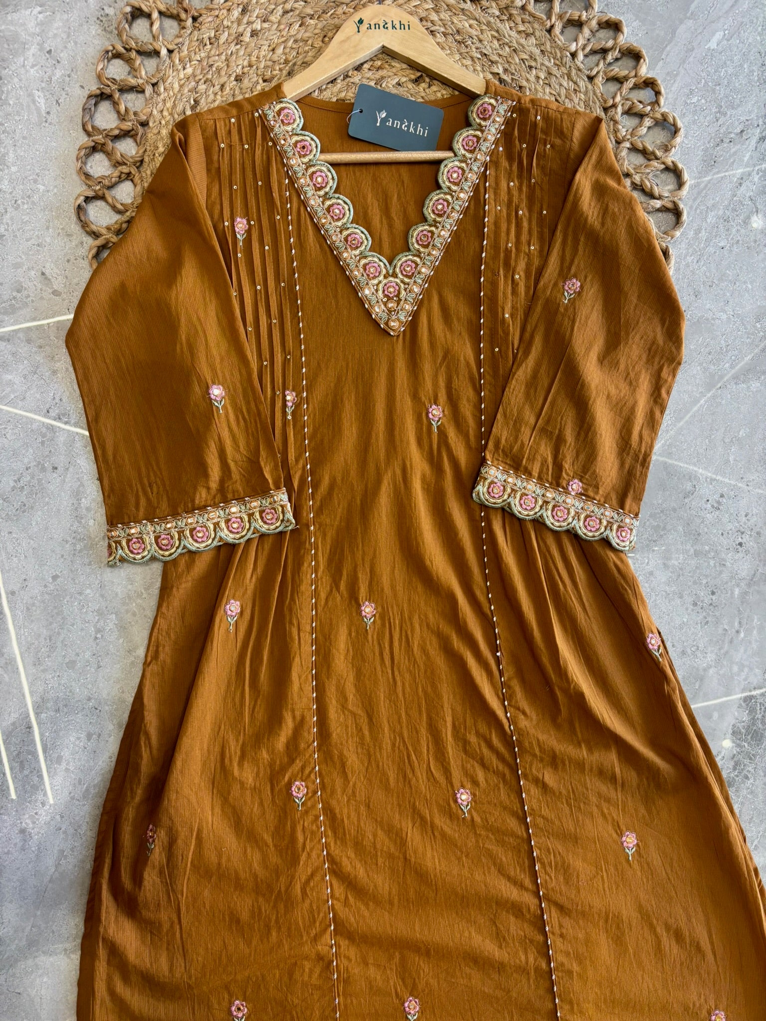 A2781 - Pure Cotton Embroidered Kurti with Lace detail on Neckline, Pants & Dupatta