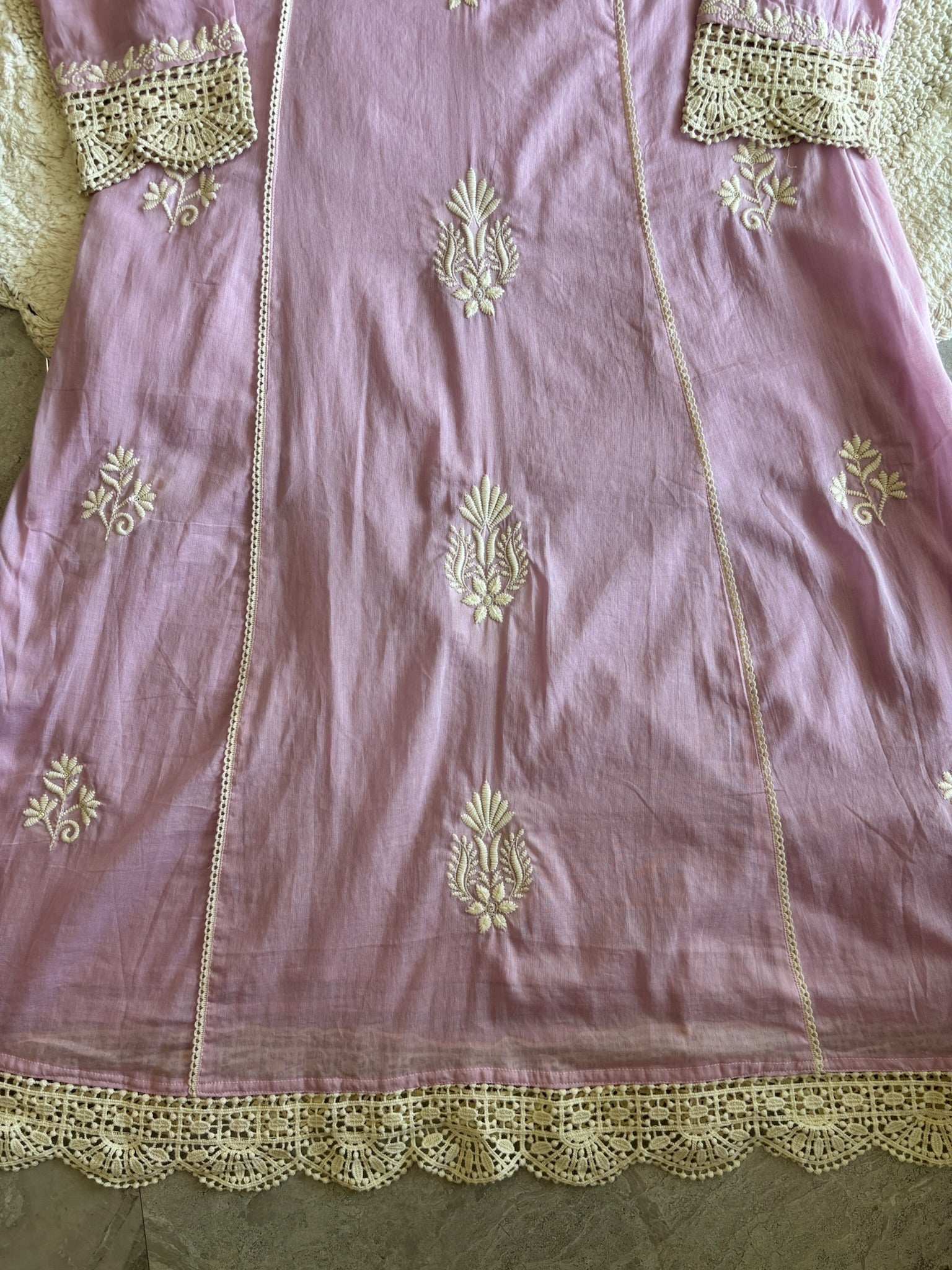 A3936- Mul Cotton Suit with delicate Embroidery & Cochet lace detailing paired with Pants & soft Dupatta.