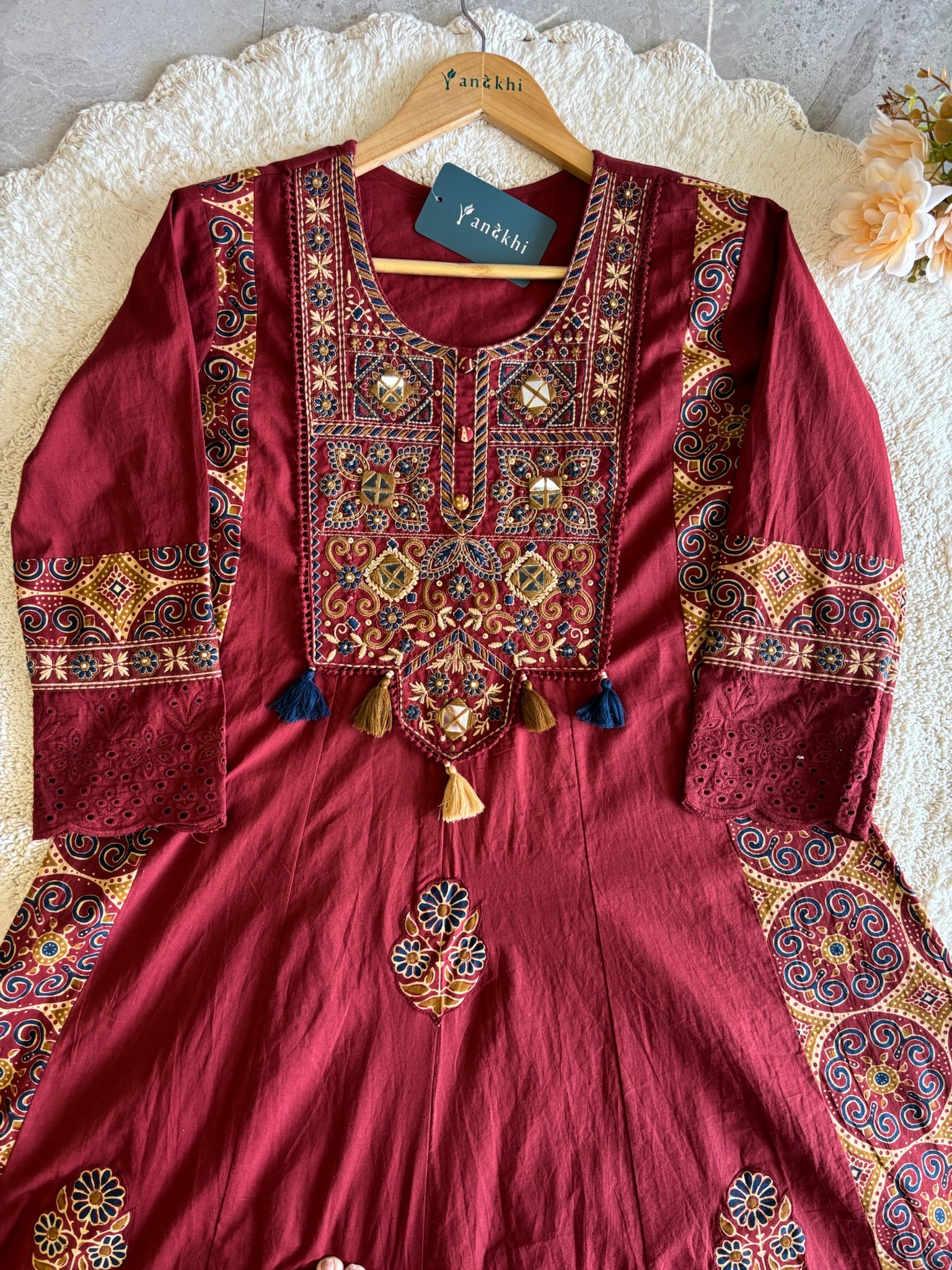A3948- Pure Cotton Solid Anarkali Suit with Embroidered Yoke, Ajrakh-inspired Printed Accents, matching Pants & Printed Dupatta.