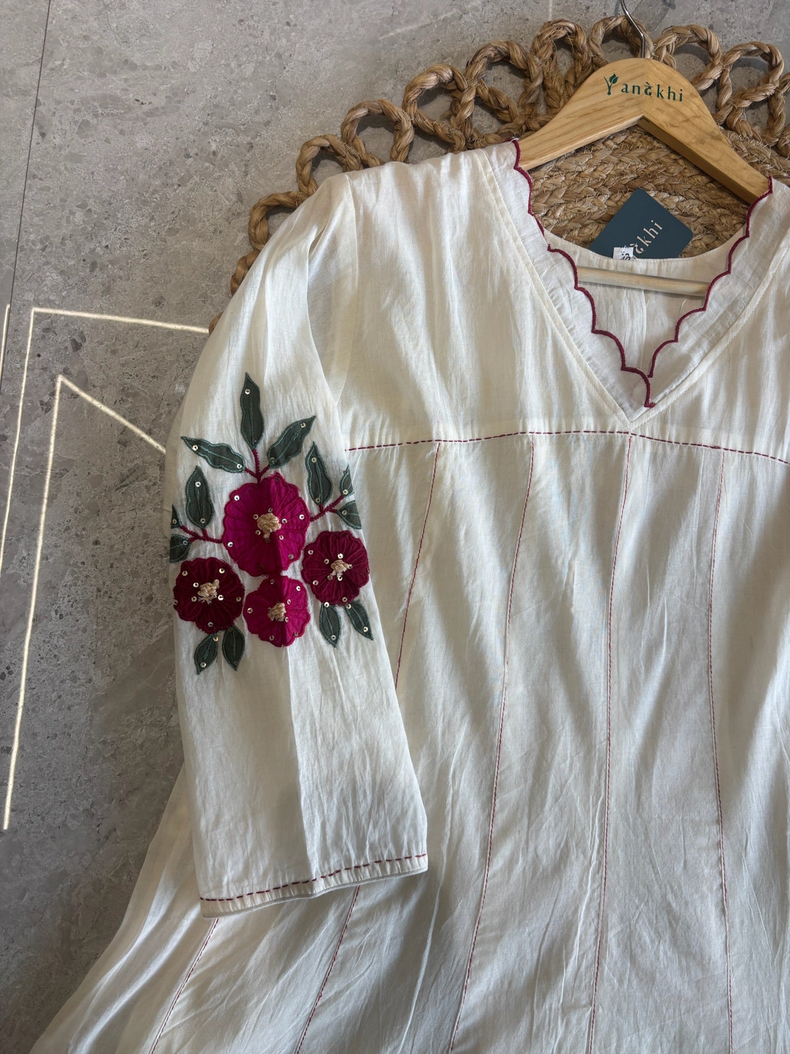 A4160- Pure Mul Chanderi Anarkali style Kurti, stitch detailing & Embroidered sleeves, with pant & Dupatta