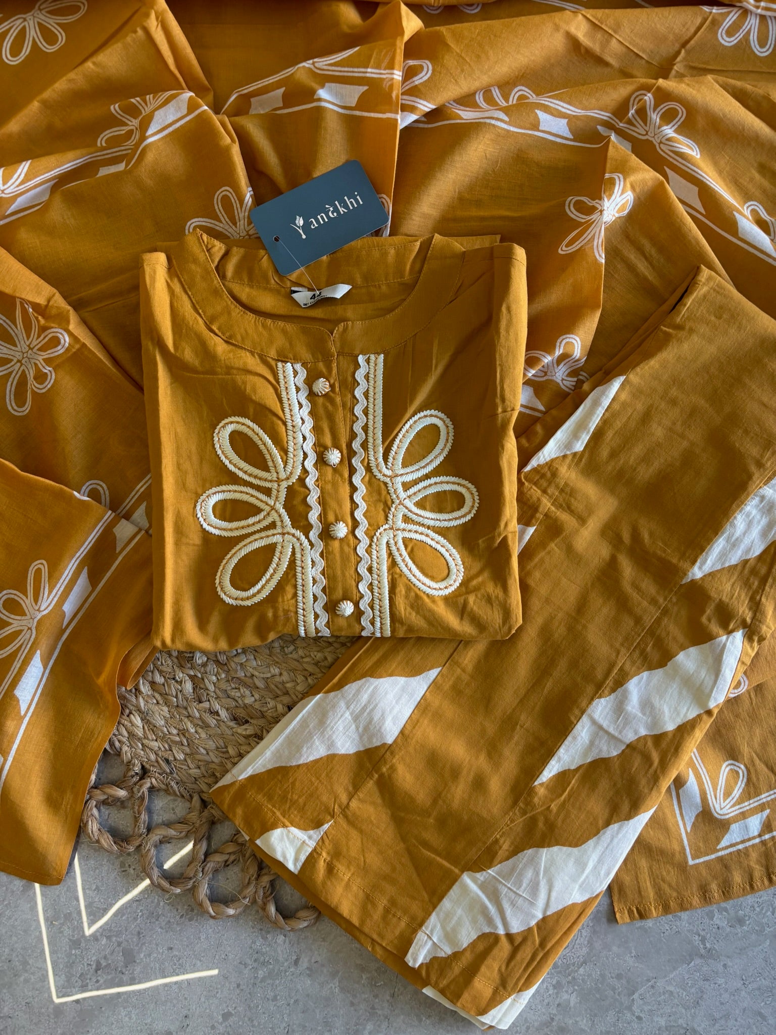 A2785 - Cotton Suit with Embroidered Neck, Designer Bell Bottoms & Printed Dupatta.
