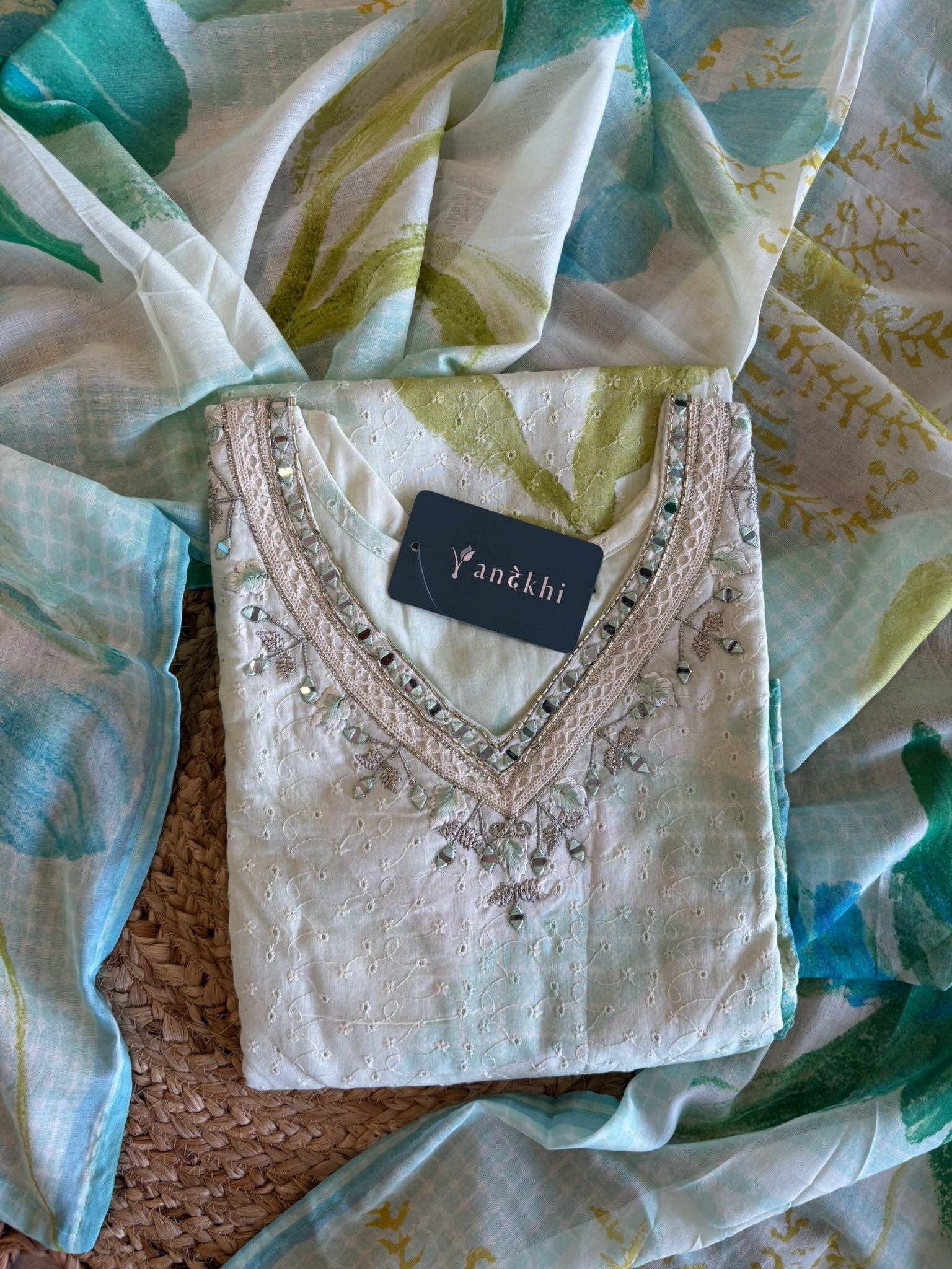 A2715 - Aqua Blossom Embroidered Cotton Kurti, Pants & Mul Dupatta.