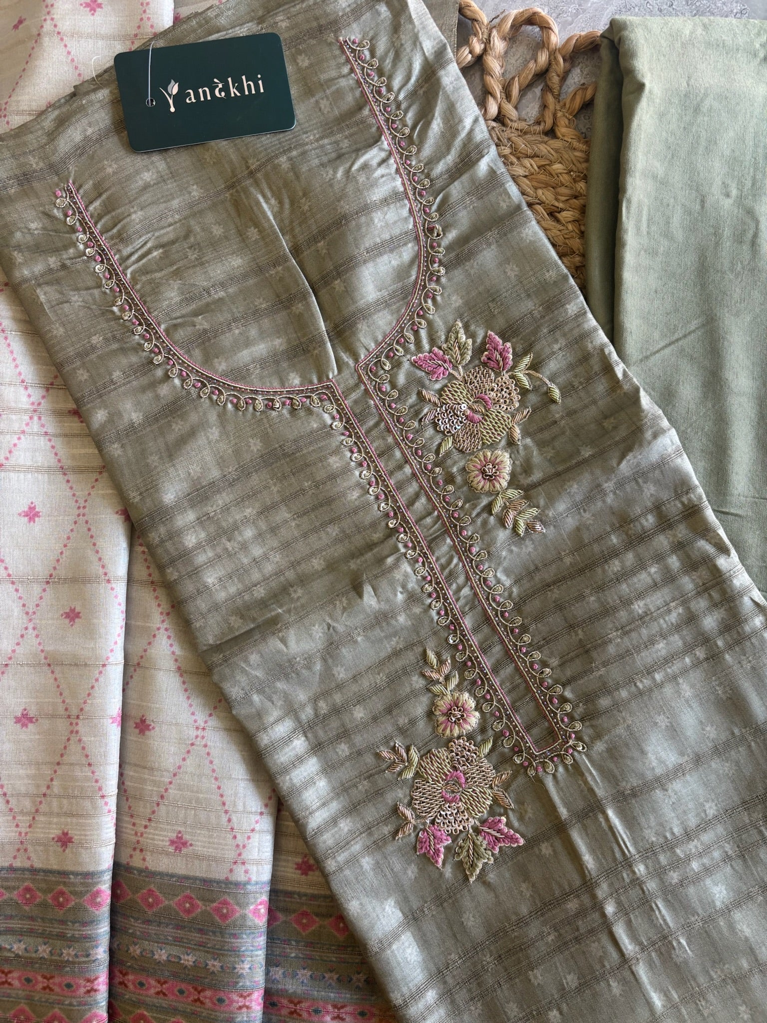A1180 - Tussar Silk Unstitched Suit with Zardosi Handwork