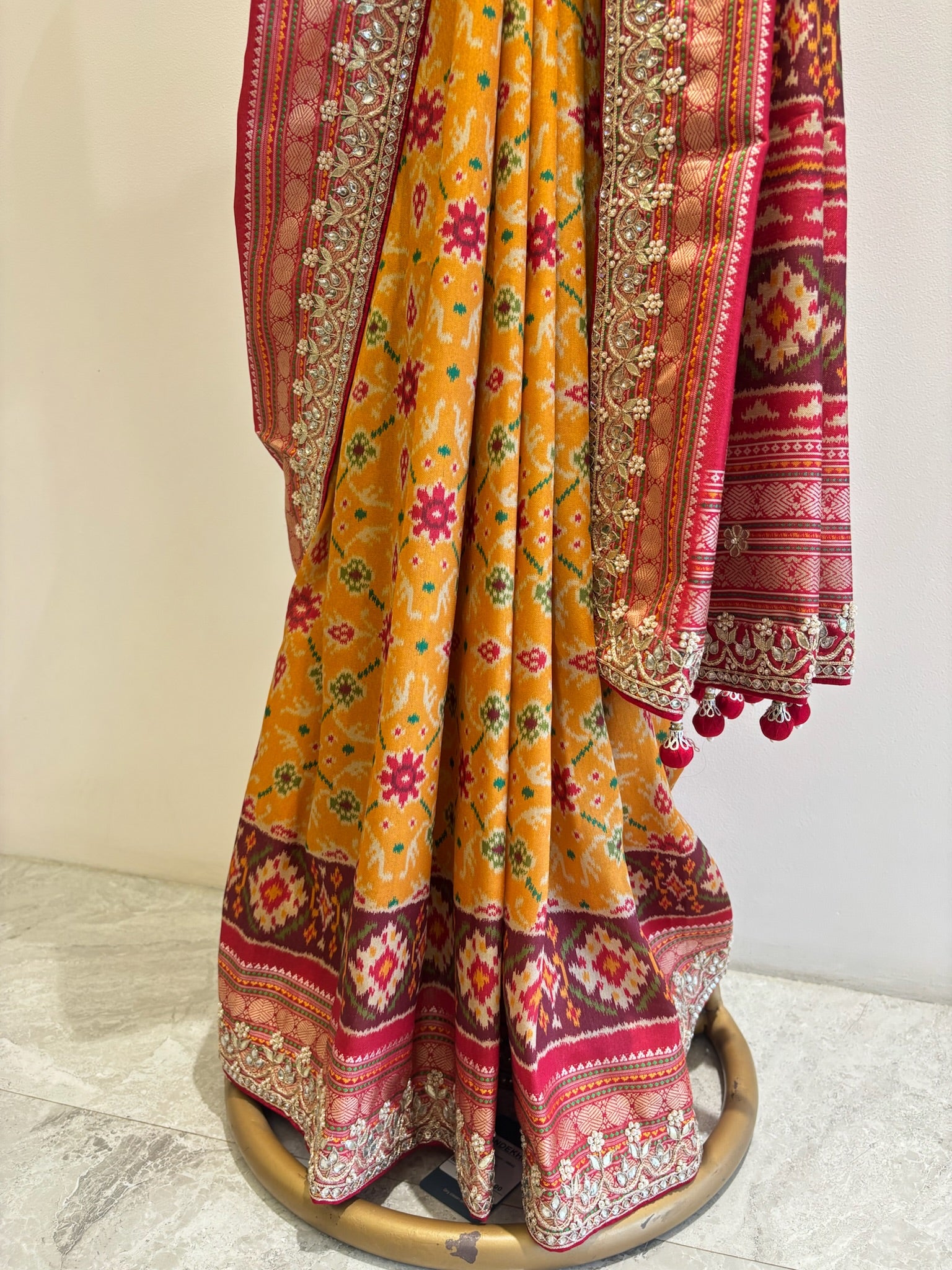 A4072- Patola Print Saree with Gota Handwork Border in Silk Fabric.