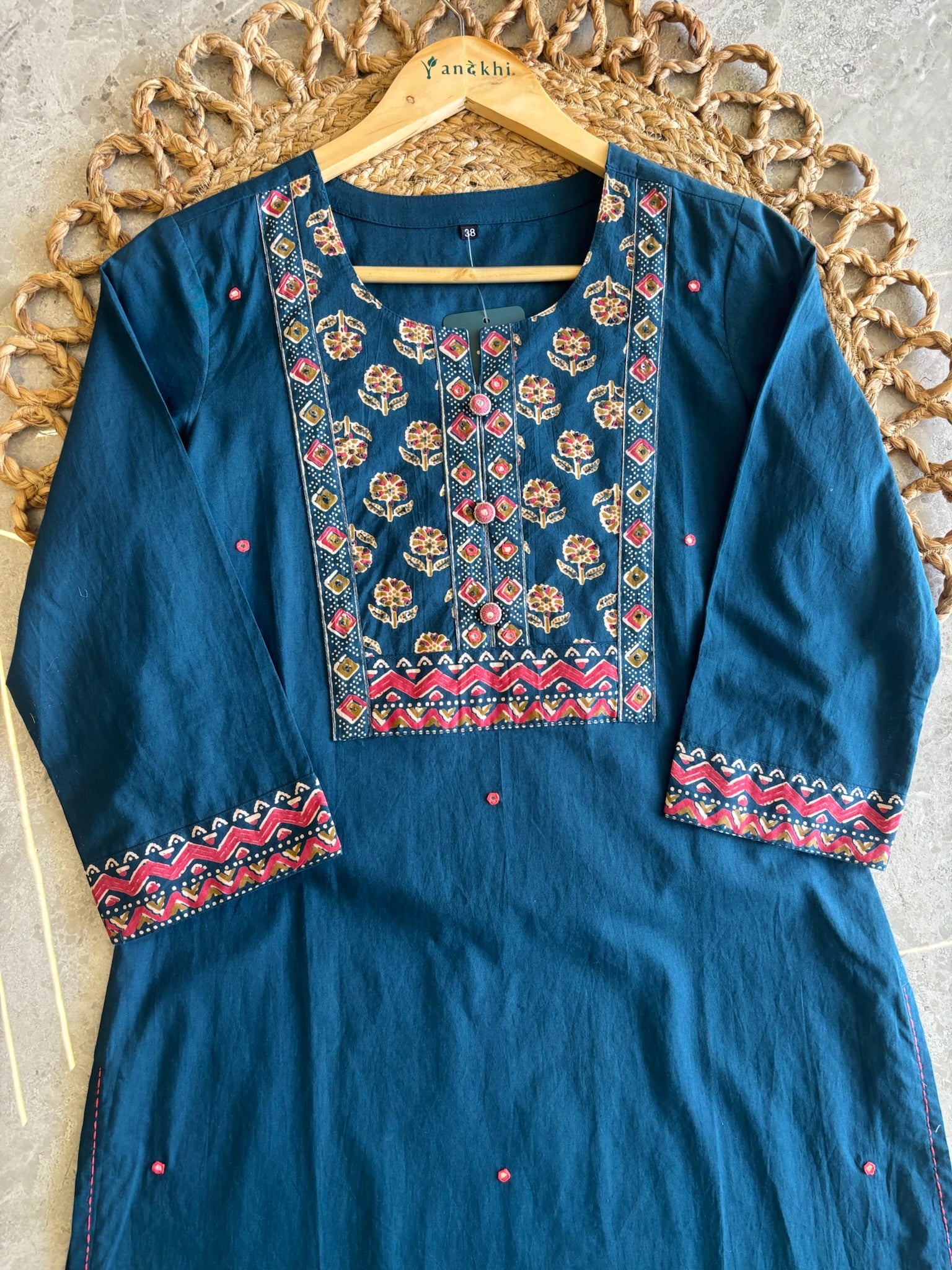 A2812 - Pure Cotton straight Kurti with york detailing, printed Pants and Dupatta.