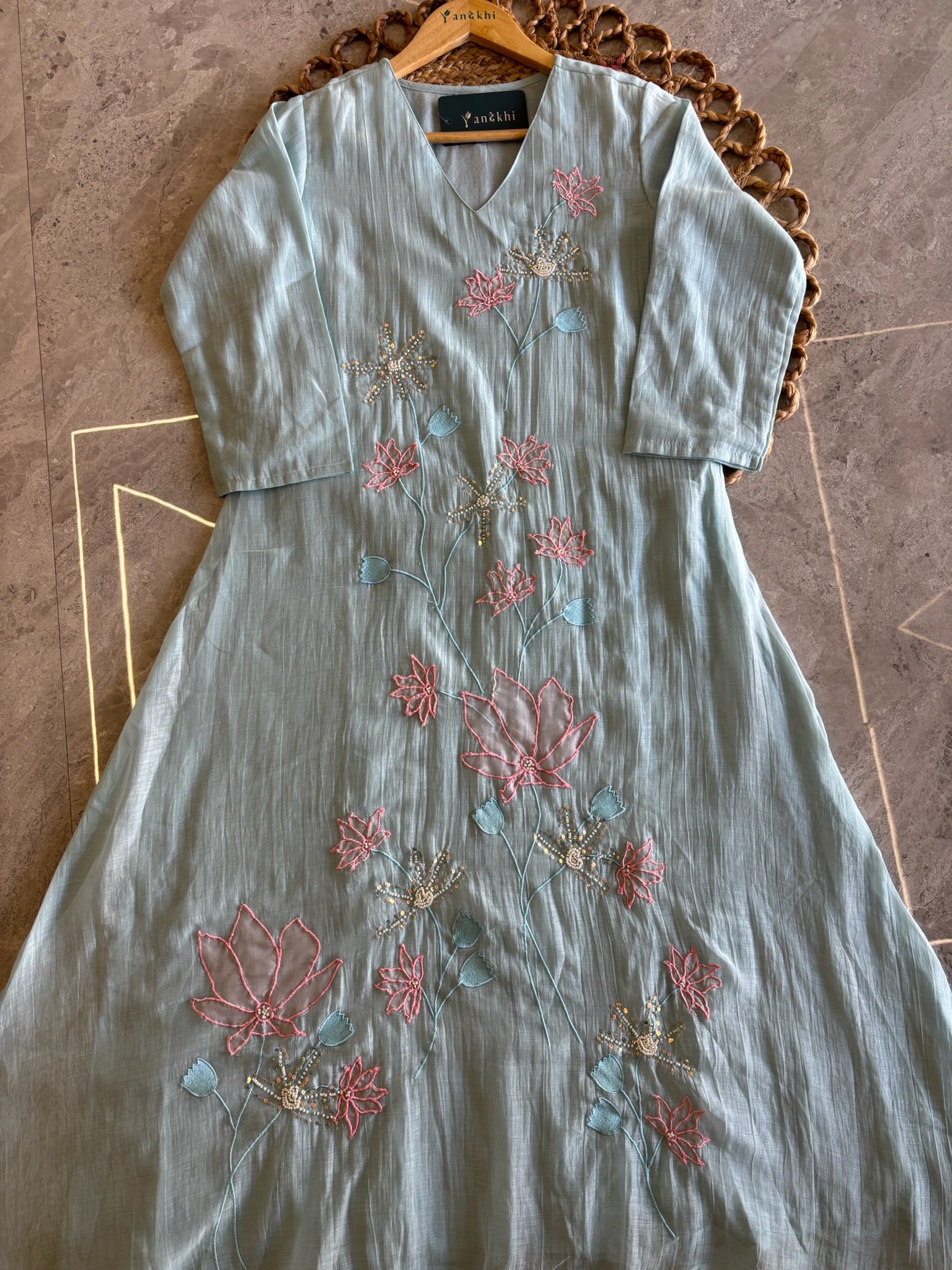 A4145 - Pure Mul Chanderi Kurti with delicate embroidery & beadwork, paired with Pants and Dupatta.