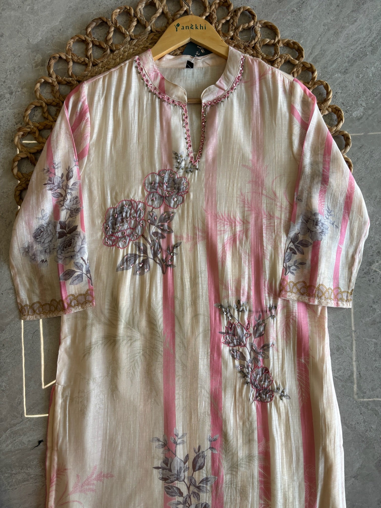 A3920- Muslin Kurti with Stripe Prints & Minimal Handwork detailing, paired with Pants & Dupatta