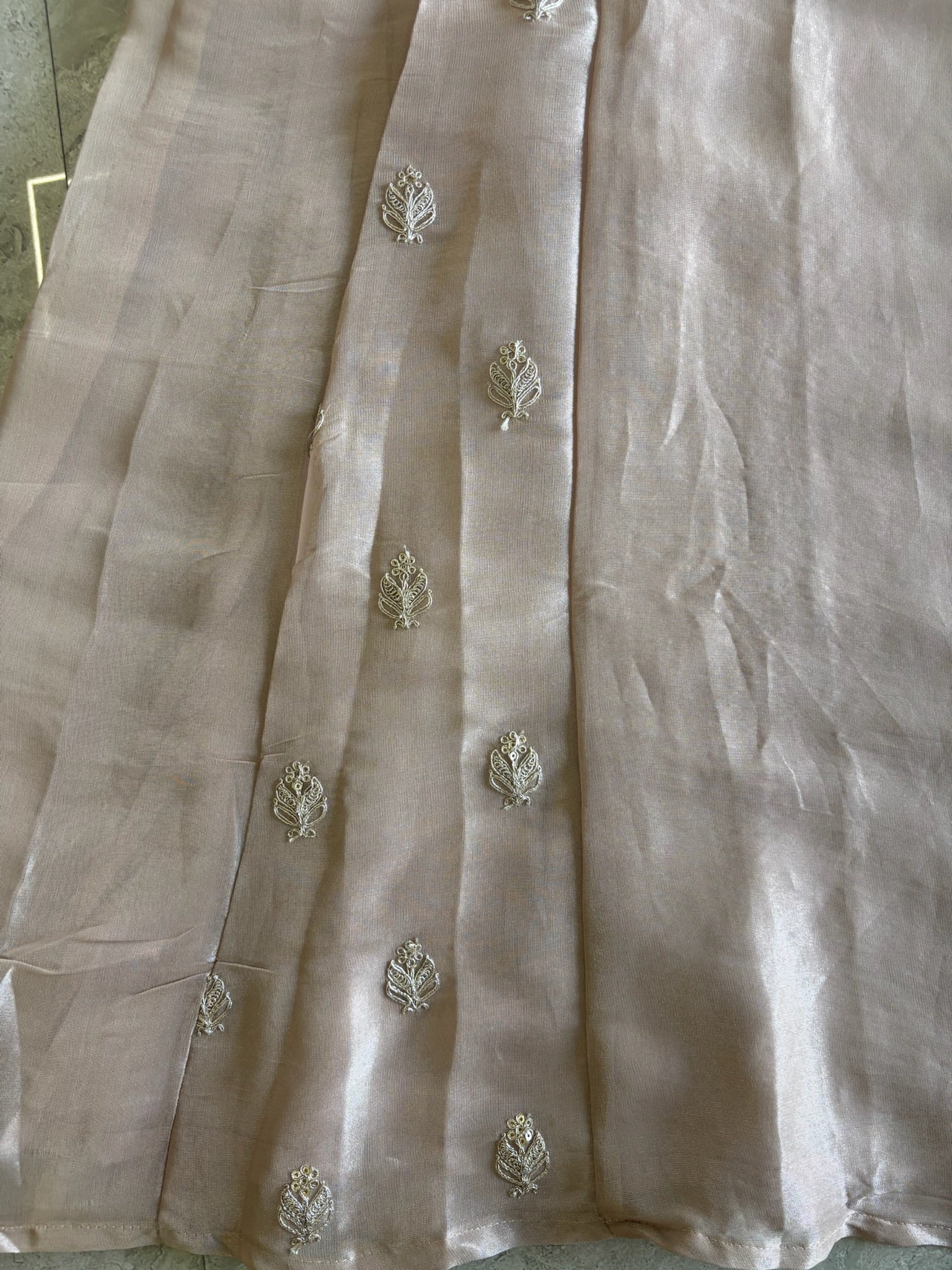 A4152- Tissue Silk Zari Anarkali Set with Zari Embroidery on the yoke & Booti all over, with Pants & Dupatta