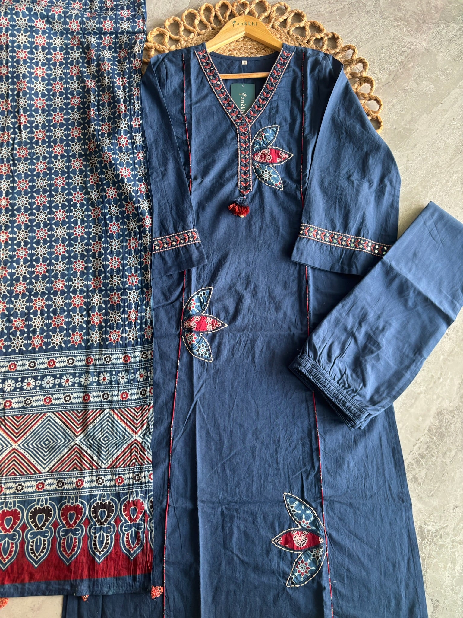 A4051 - Elegant Indigo Printed & Embroidered Suit Set