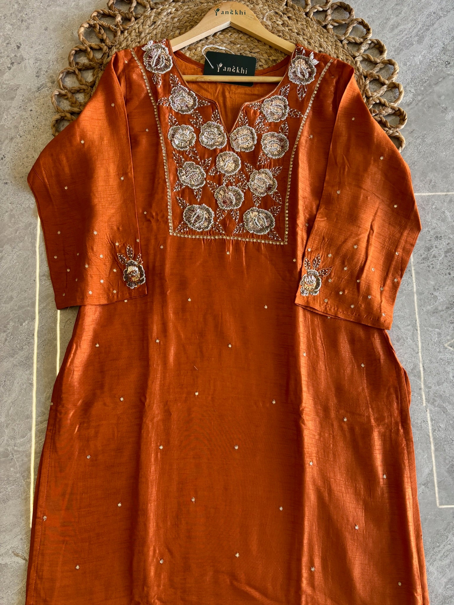 A1557 - Pure Dola Silk Kurti with Intricate 3D Handwork Zardosi detailing, paired with Pants & Organza Dupatta