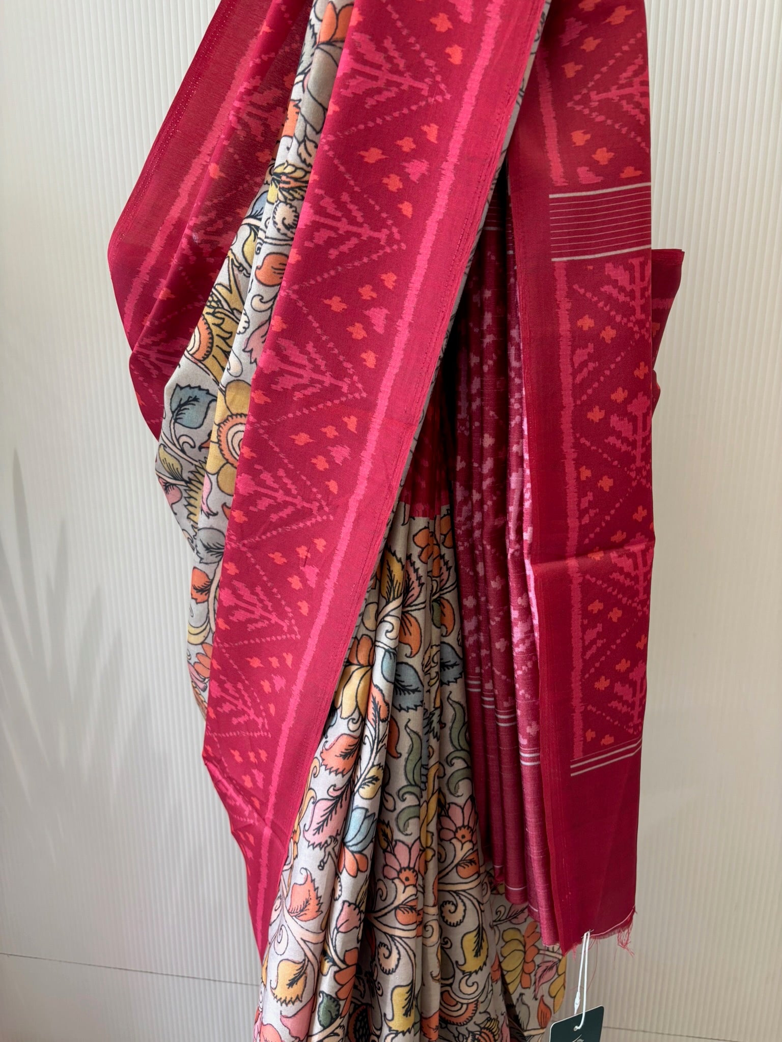 A1397 - Heritage Kalamkari Silk Saree with Contrast Ikat-Style Border