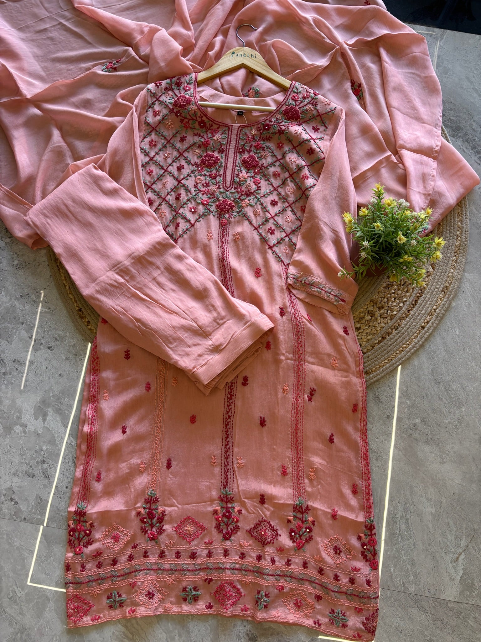 A1568 - Pure Chinon Kurti featuring Intricate Chikankari work, paired with Plazo & Dupatta.