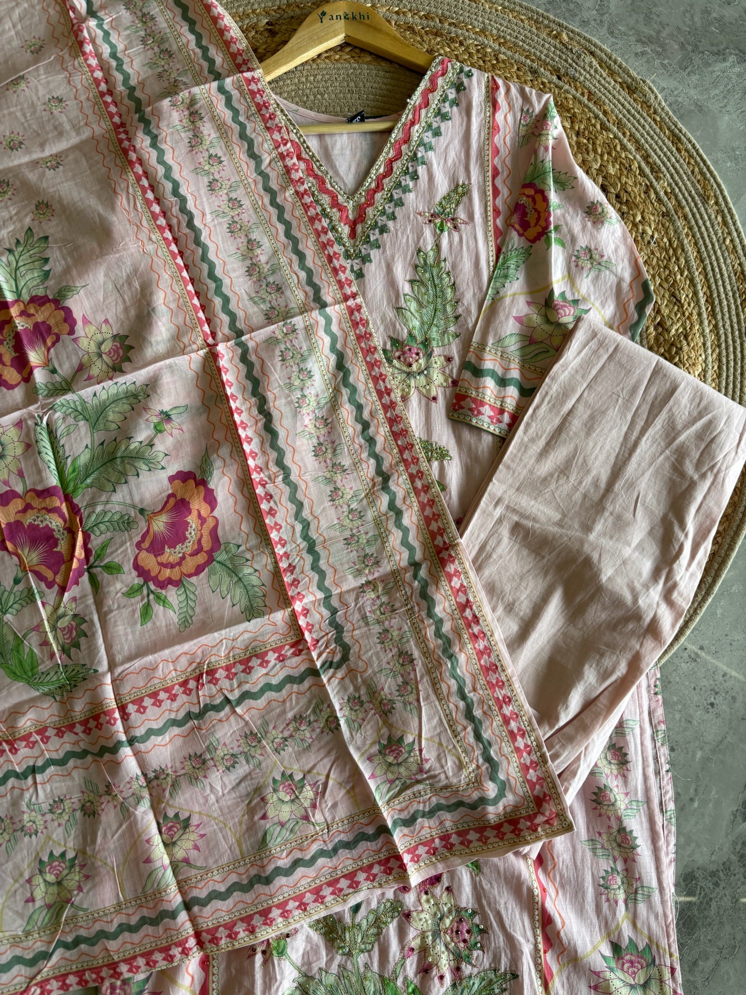 A3933 - Blush Pink Floral Cotton Silk Suit set.