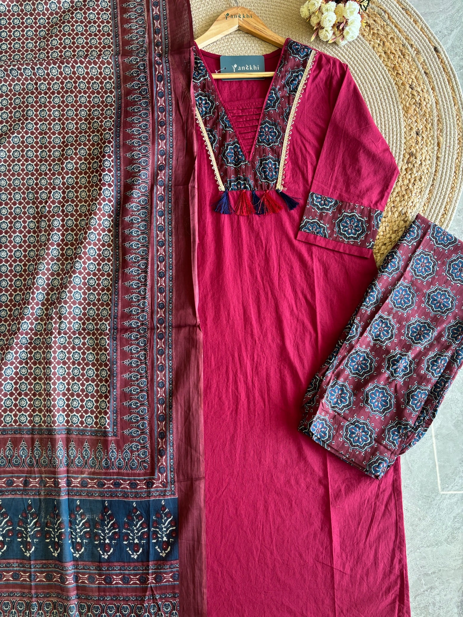 A4024- Pure Cotton Kurti with Statement Yoke Design and Tassels, Printed Pants & Dupatta.