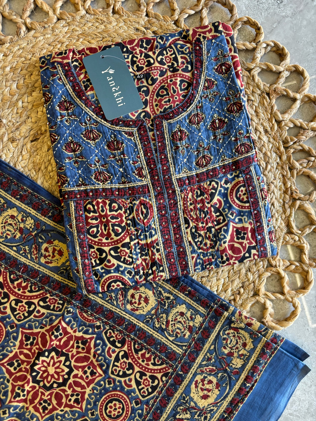 A3902 - Pure Cotton Ajrakh Print Suit with Contrast Bottoms and a Coordinated Dupatta.