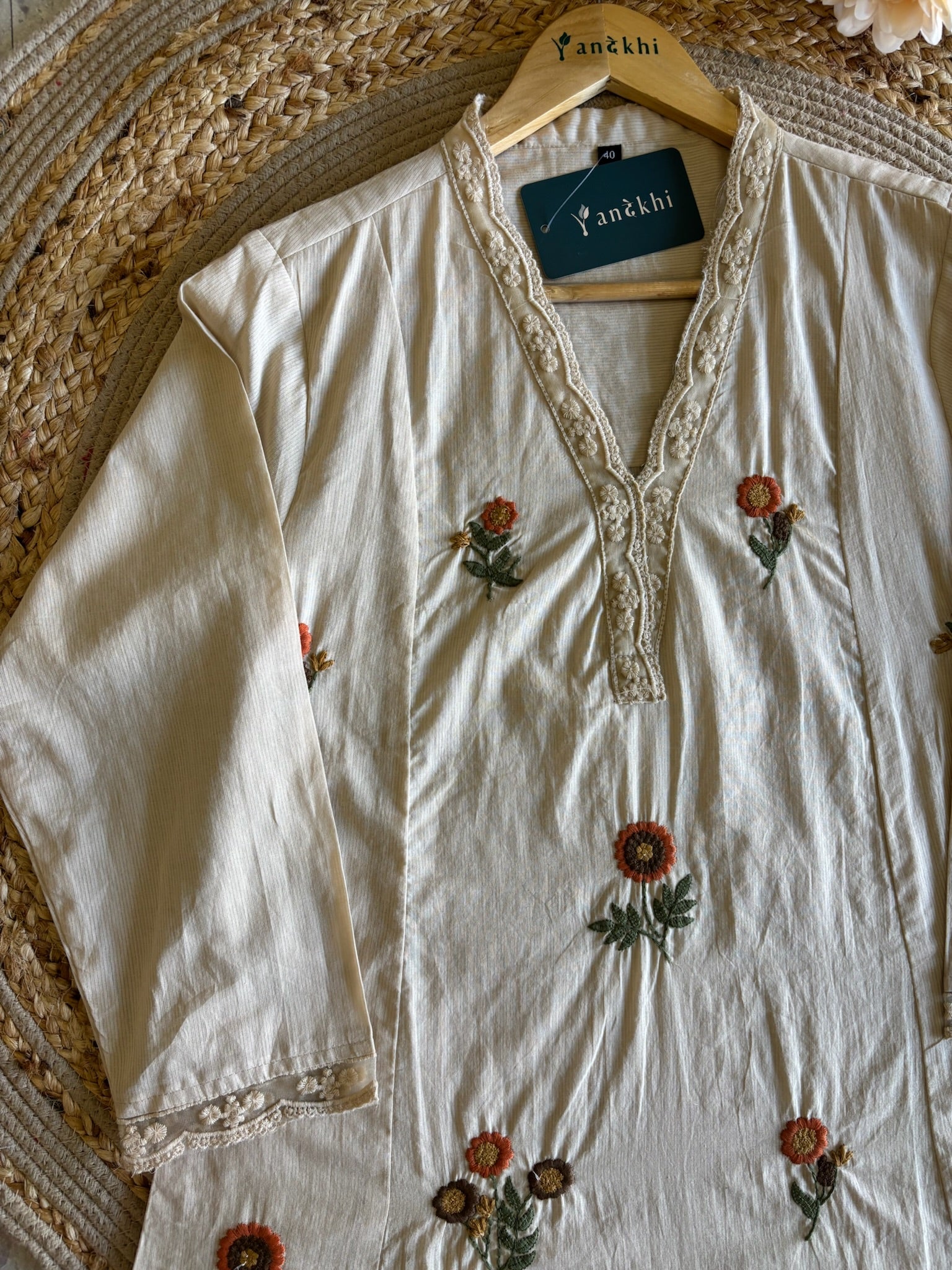 A4052- Pure Cotton Suit Adorned with Delicate Floral Embroidery, paired with Pants & Mul Cotton Dupatta.