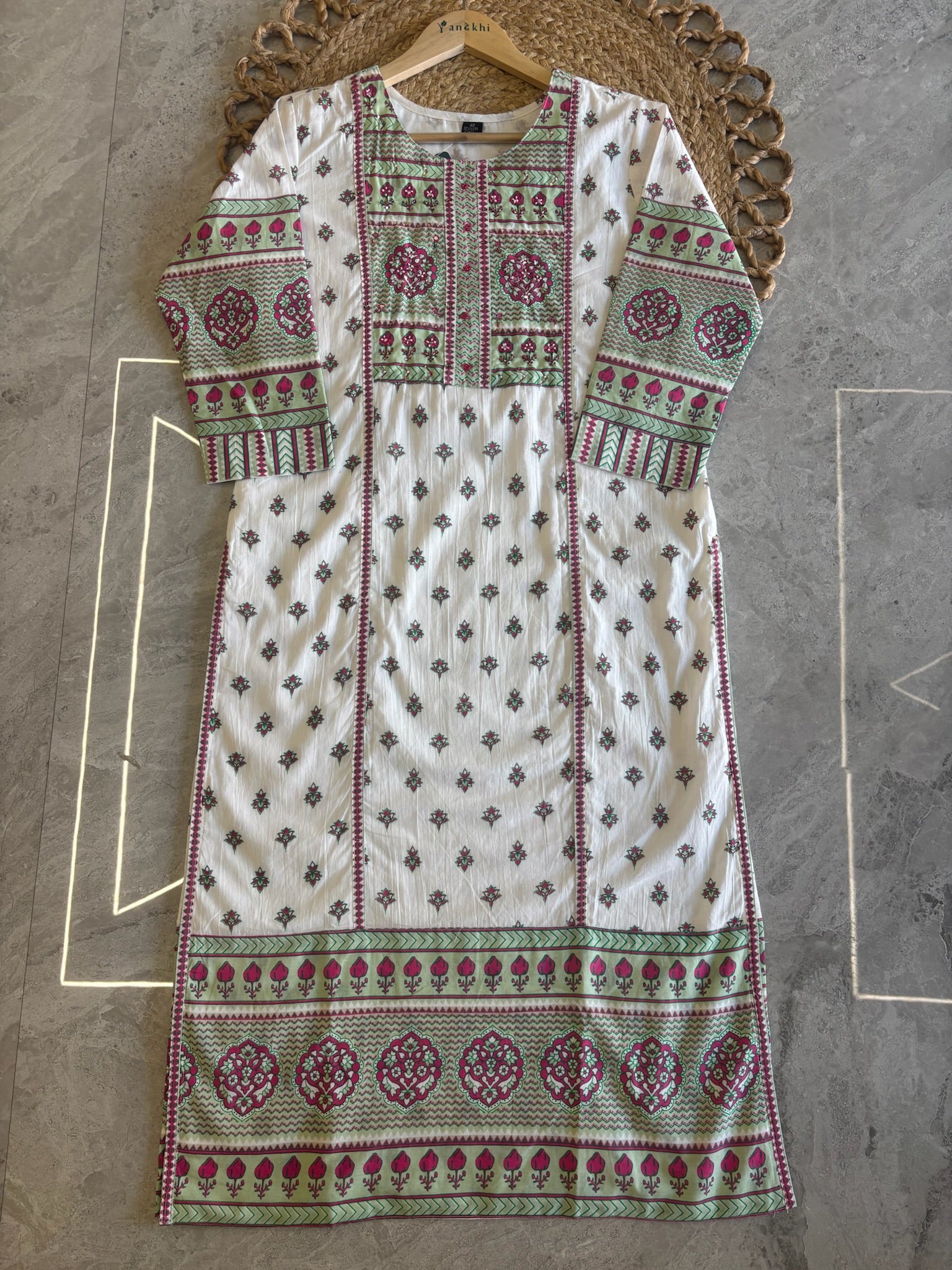 A3896 - Pure Cotton Suit Set with Floral Block Print & Mul Mul Dupatta