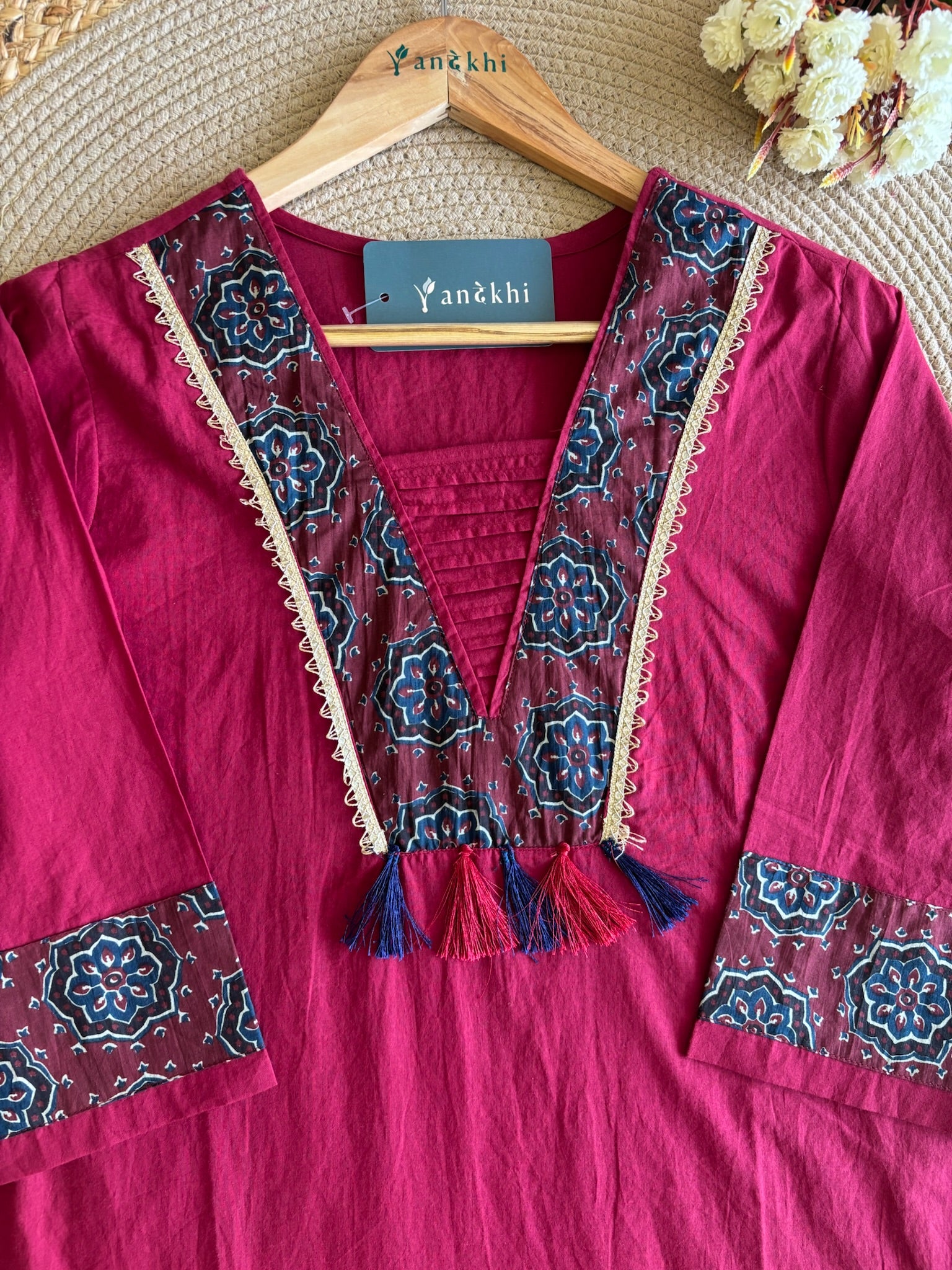 A4024- Pure Cotton Kurti with Statement Yoke Design and Tassels, Printed Pants & Dupatta.
