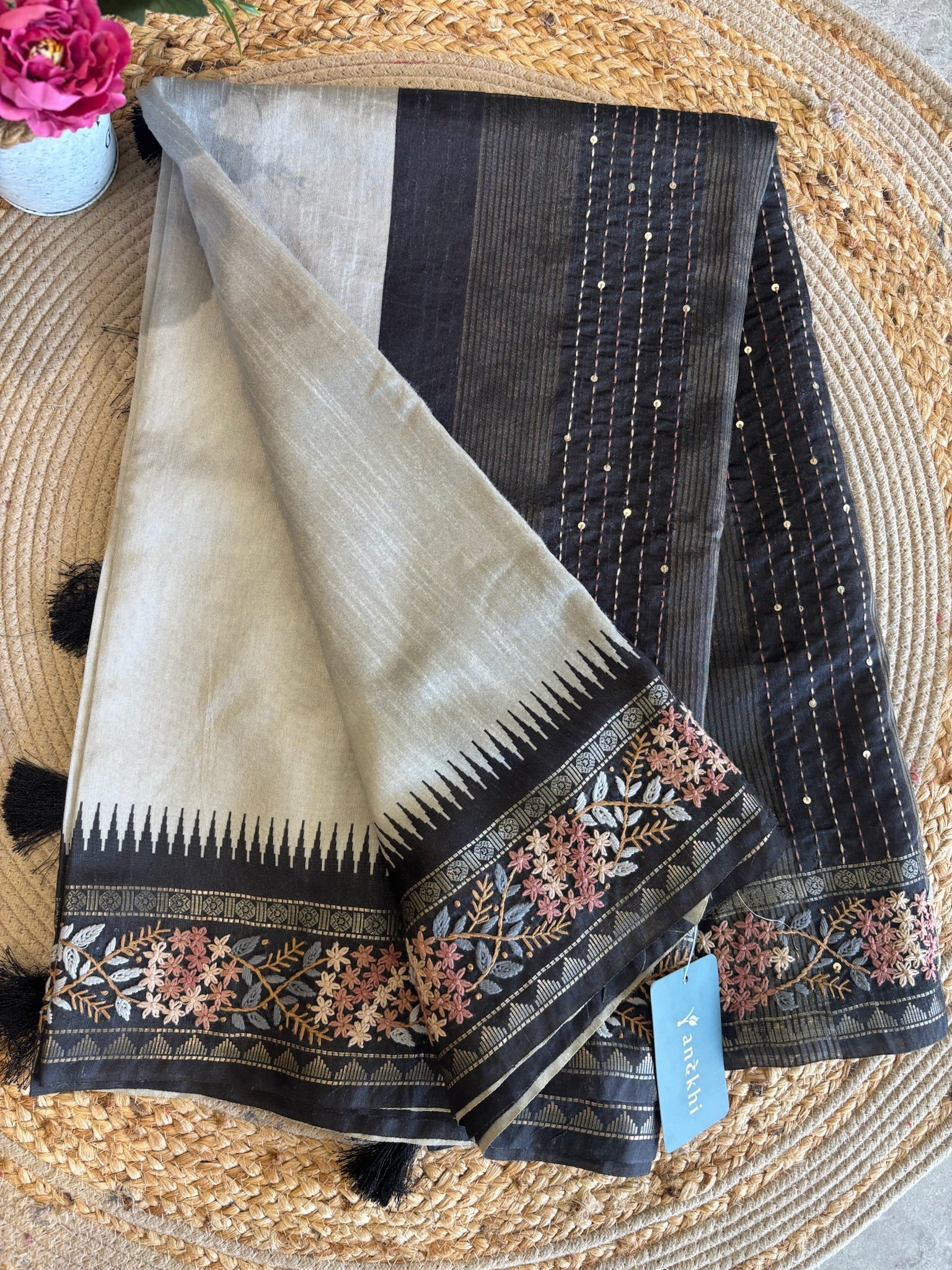 A1649 - Grey & Black Tussar Silk Saree with Floral Kantha Embroidery.