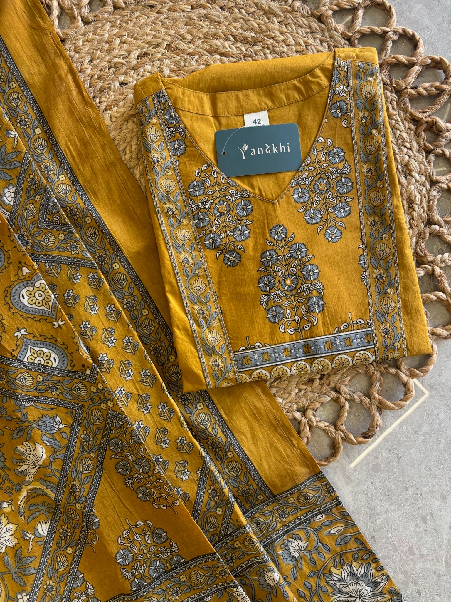 A2814 - Pure Cotton Suit set with an intricately Printed Yoke, coordinated printed bottoms.