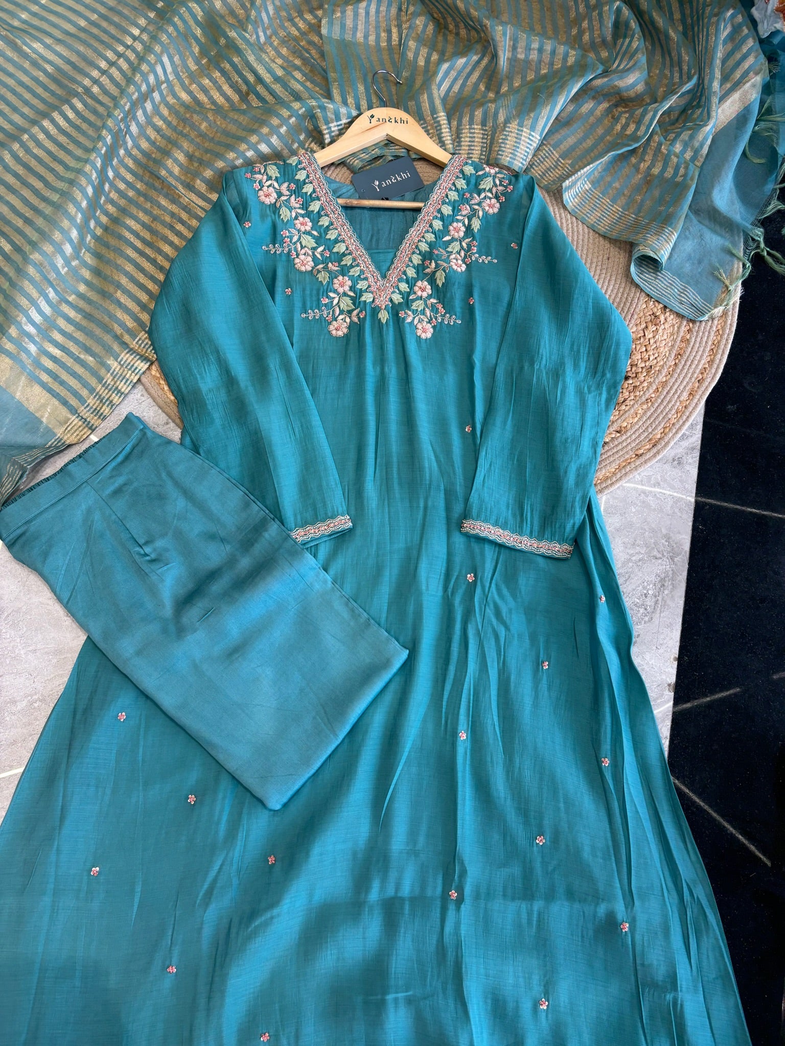 A1665 - Mul Chanderi Kurti with Handwork detailing, Striped Tissue Dupatta & Pants.