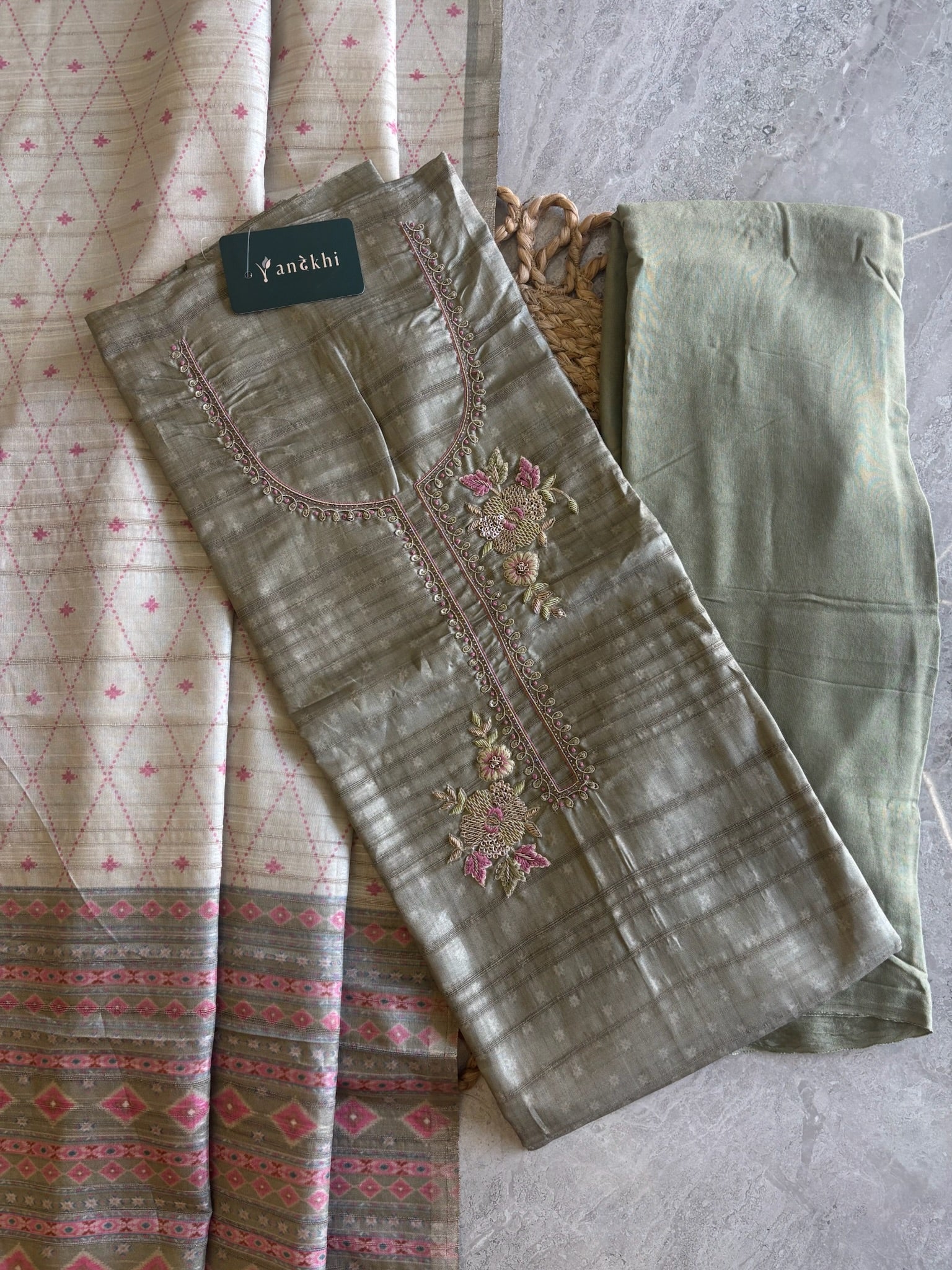 A1180 - Tussar Silk Unstitched Suit with Zardosi Handwork
