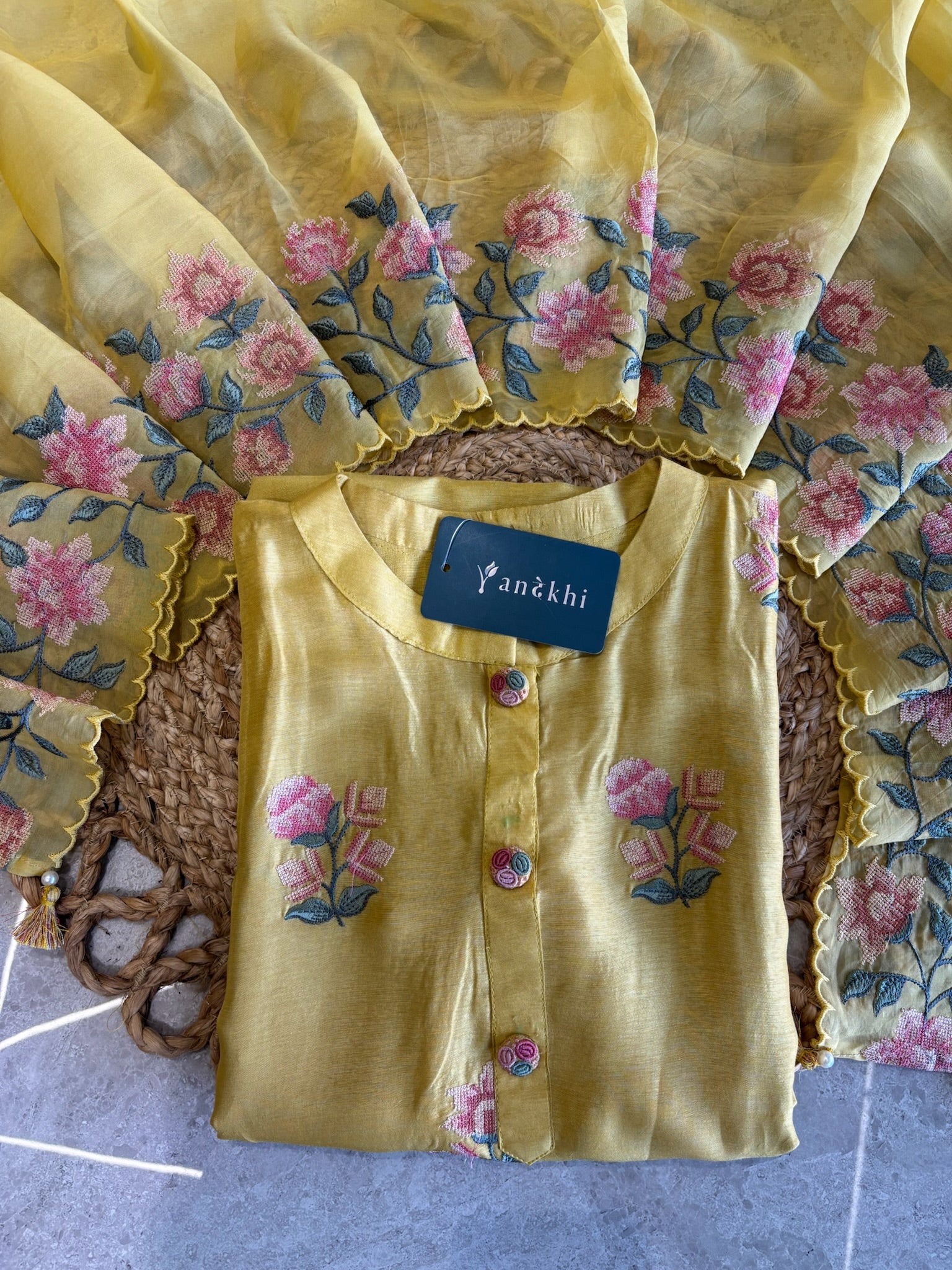 A3961 - Pure Dola Silk suit with French knot Embroidery and Organza Border Dupatta.